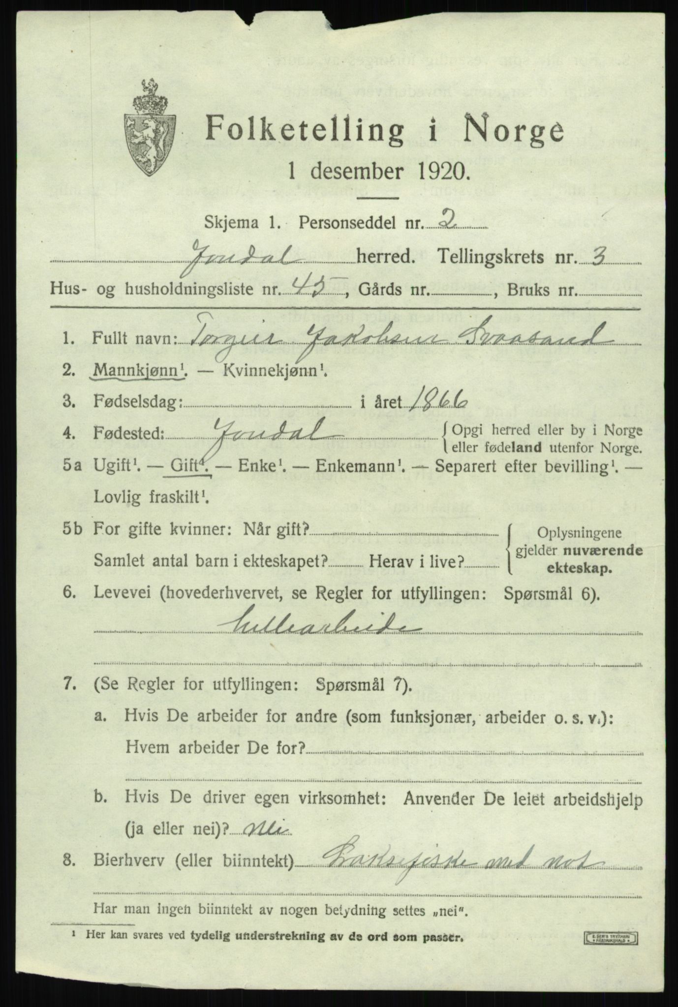 SAB, 1920 census for Jondal, 1920, p. 2206