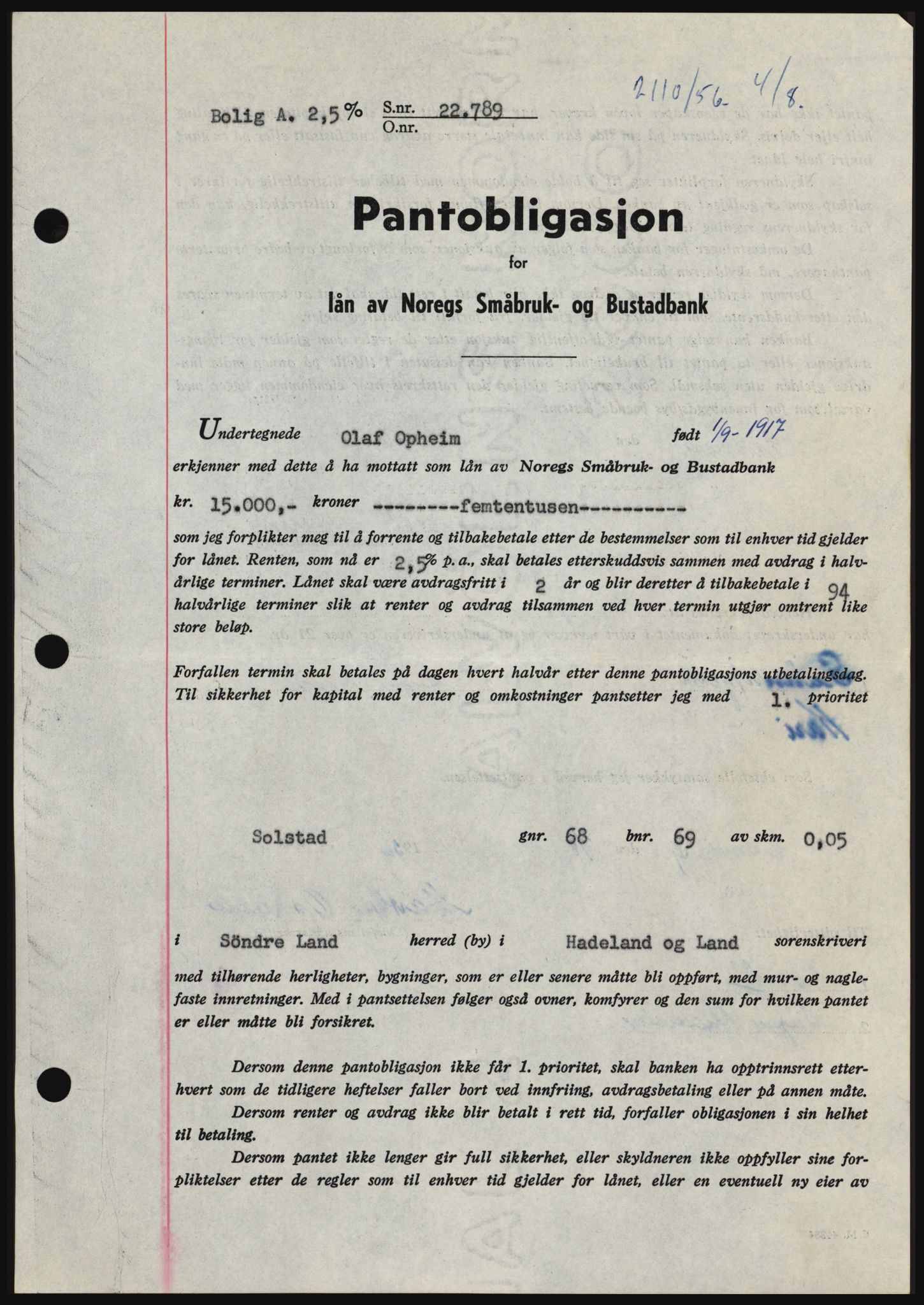 Hadeland og Land tingrett, SAH/TING-010/H/Hb/Hbc/L0034: Mortgage book no. B34, 1956-1956, Diary no: : 2110/1956