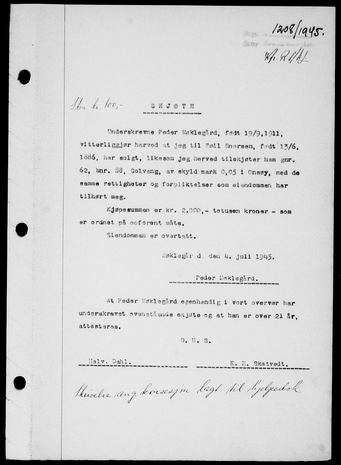 Onsøy sorenskriveri, AV/SAO-A-10474/G/Ga/Gab/L0014: Mortgage book no. II A-14, 1944-1945, Diary no: : 1208/1945