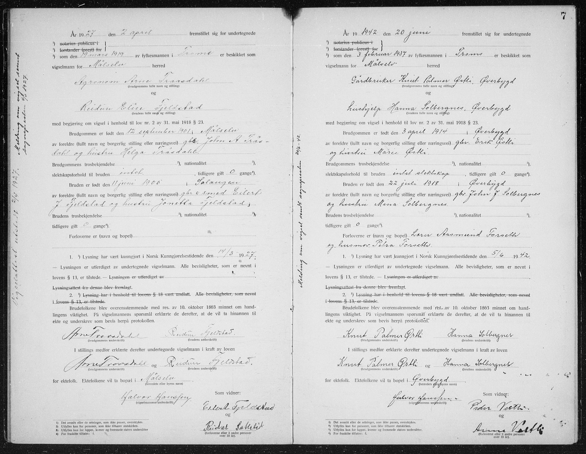 Målselv sokneprestembete, AV/SATØ-S-1311/I/Ie/L0046: Marriage register (dissenter) no. 46, 1919-1942, p. 7