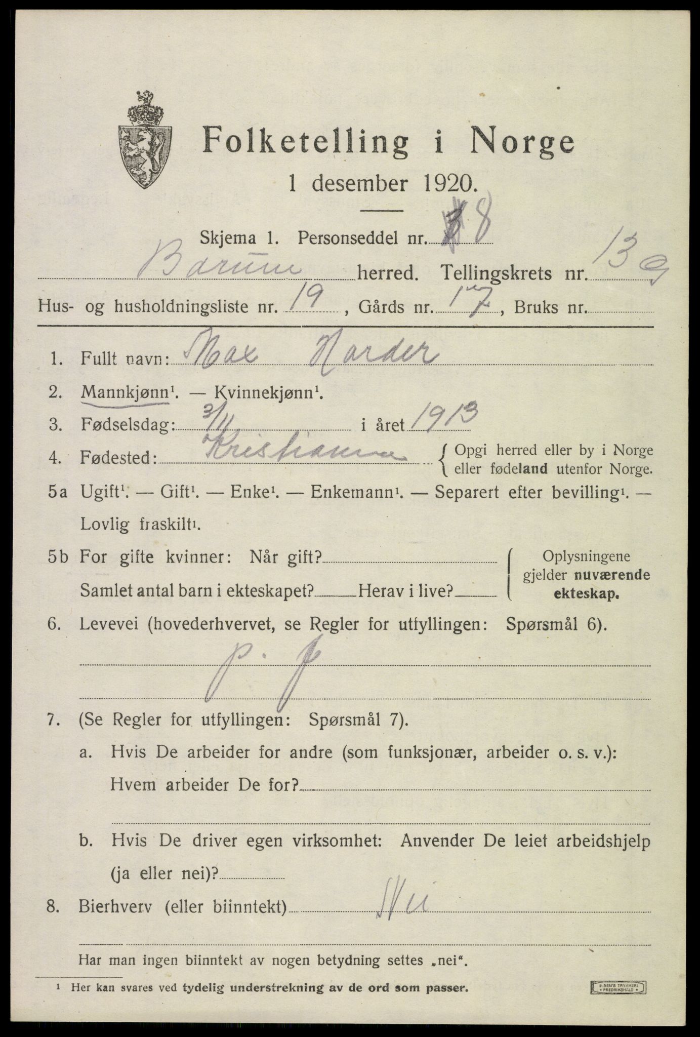 SAO, 1920 census for Bærum, 1920, p. 40226