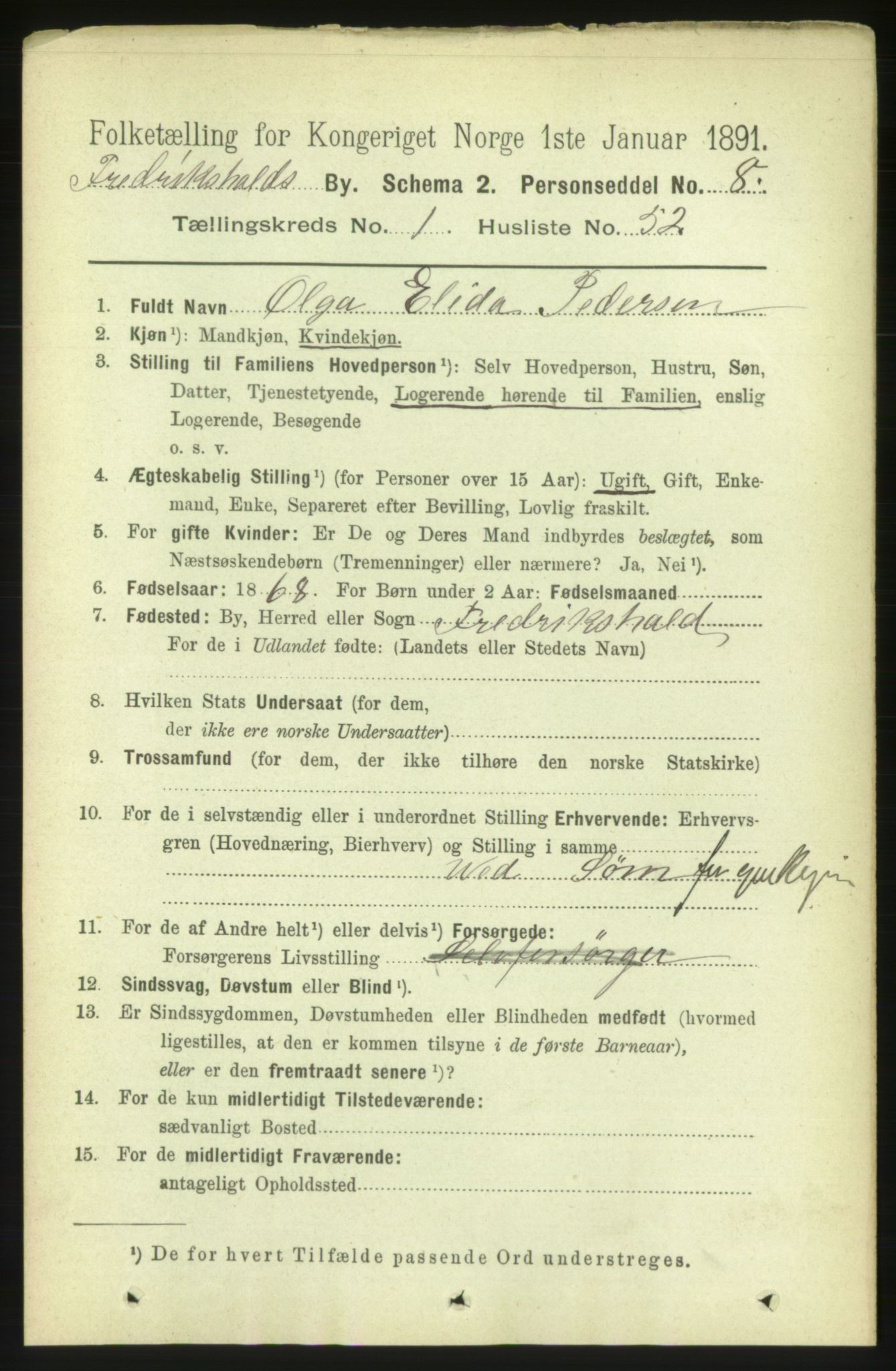 RA, 1891 census for 0101 Fredrikshald, 1891, p. 2400