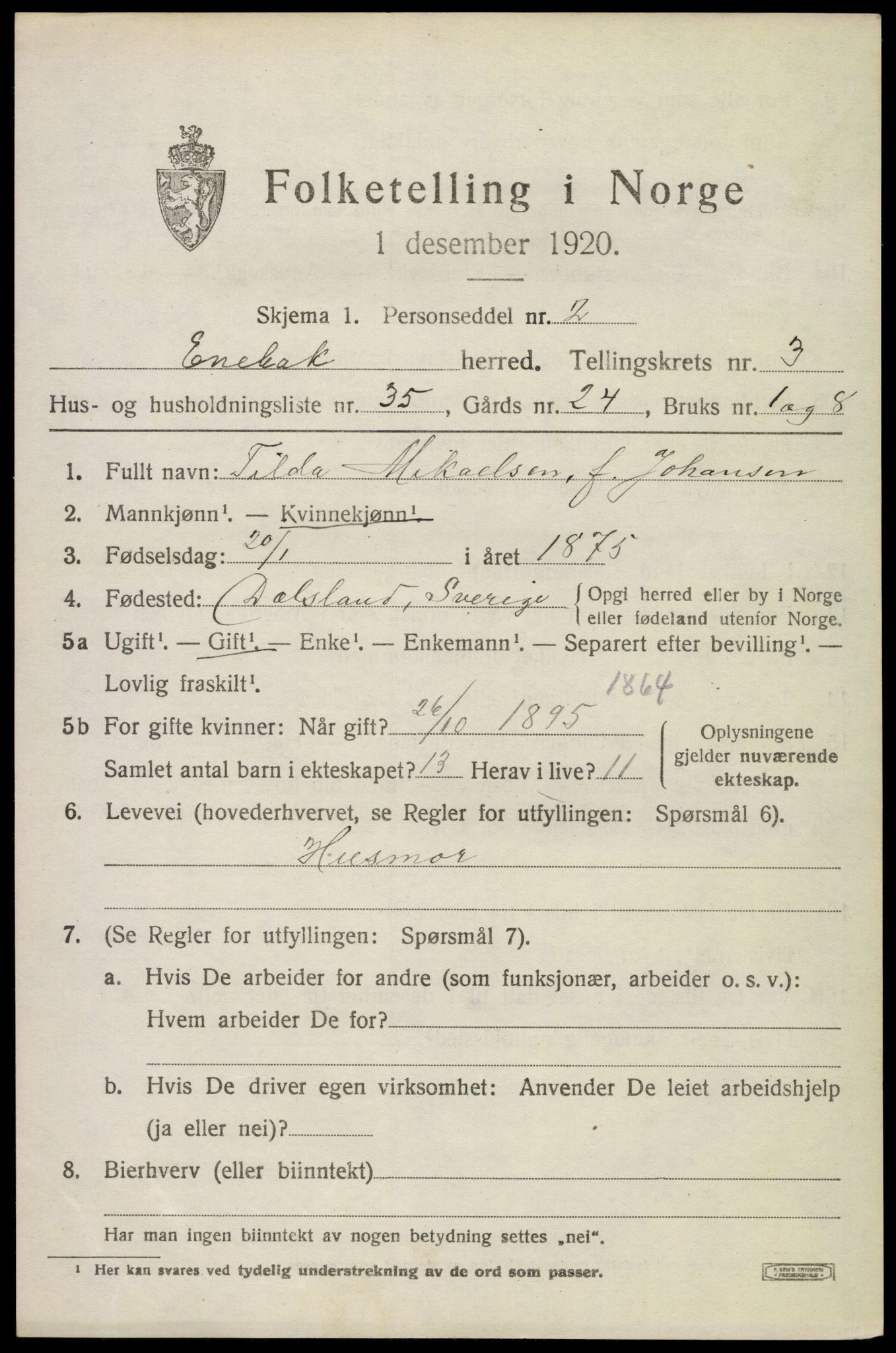 SAO, 1920 census for Enebakk, 1920, p. 3131