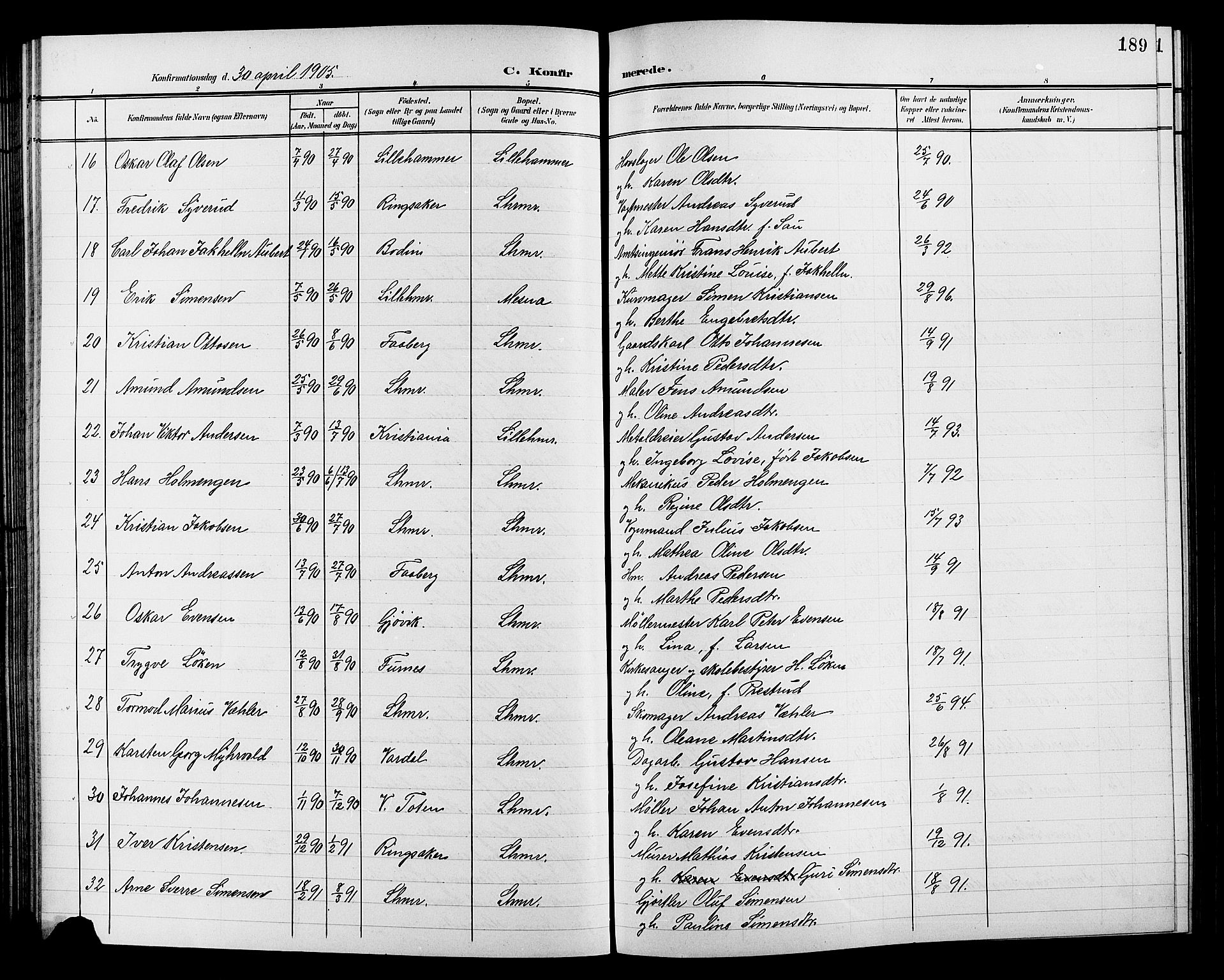Lillehammer prestekontor, SAH/PREST-088/H/Ha/Hab/L0001: Parish register (copy) no. 1, 1901-1913, p. 189