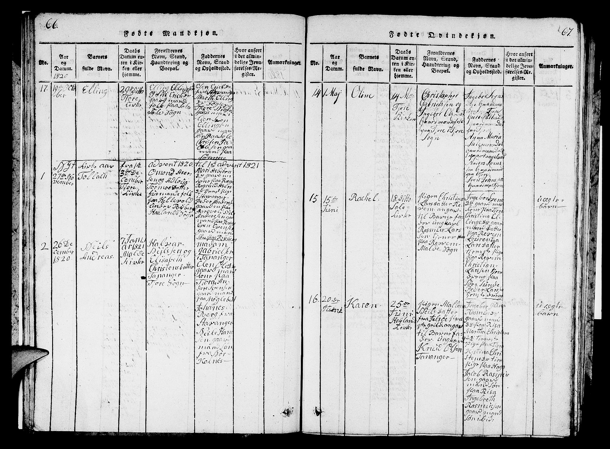 Håland sokneprestkontor, SAST/A-101802/001/30BB/L0001: Parish register (copy) no. B 1, 1815-1845, p. 66-67