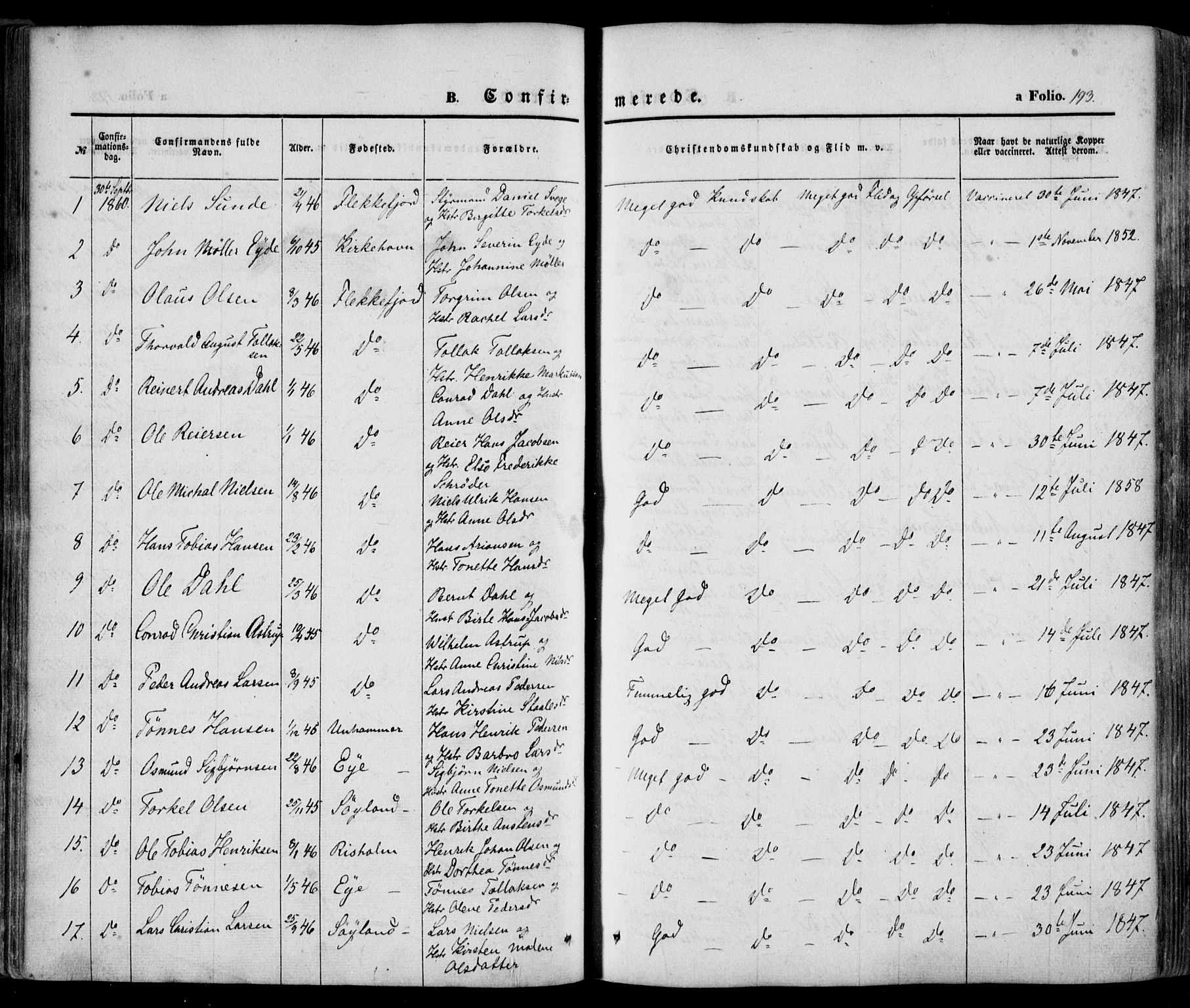 Flekkefjord sokneprestkontor, AV/SAK-1111-0012/F/Fa/Fac/L0005: Parish register (official) no. A 5, 1849-1875, p. 193