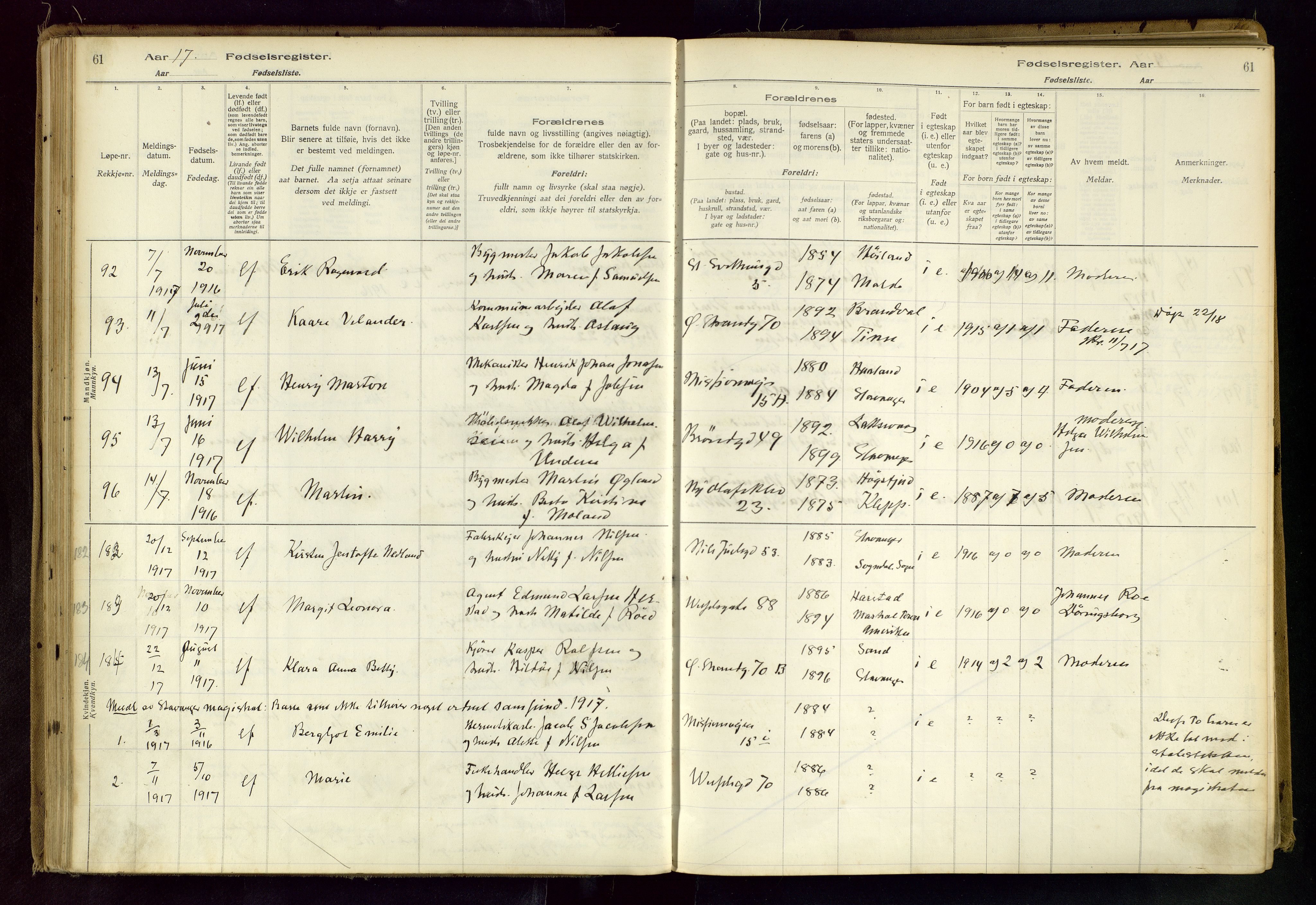 Domkirken sokneprestkontor, SAST/A-101812/002/B/L0001: Birth register no. 1, 1916-1920, p. 61