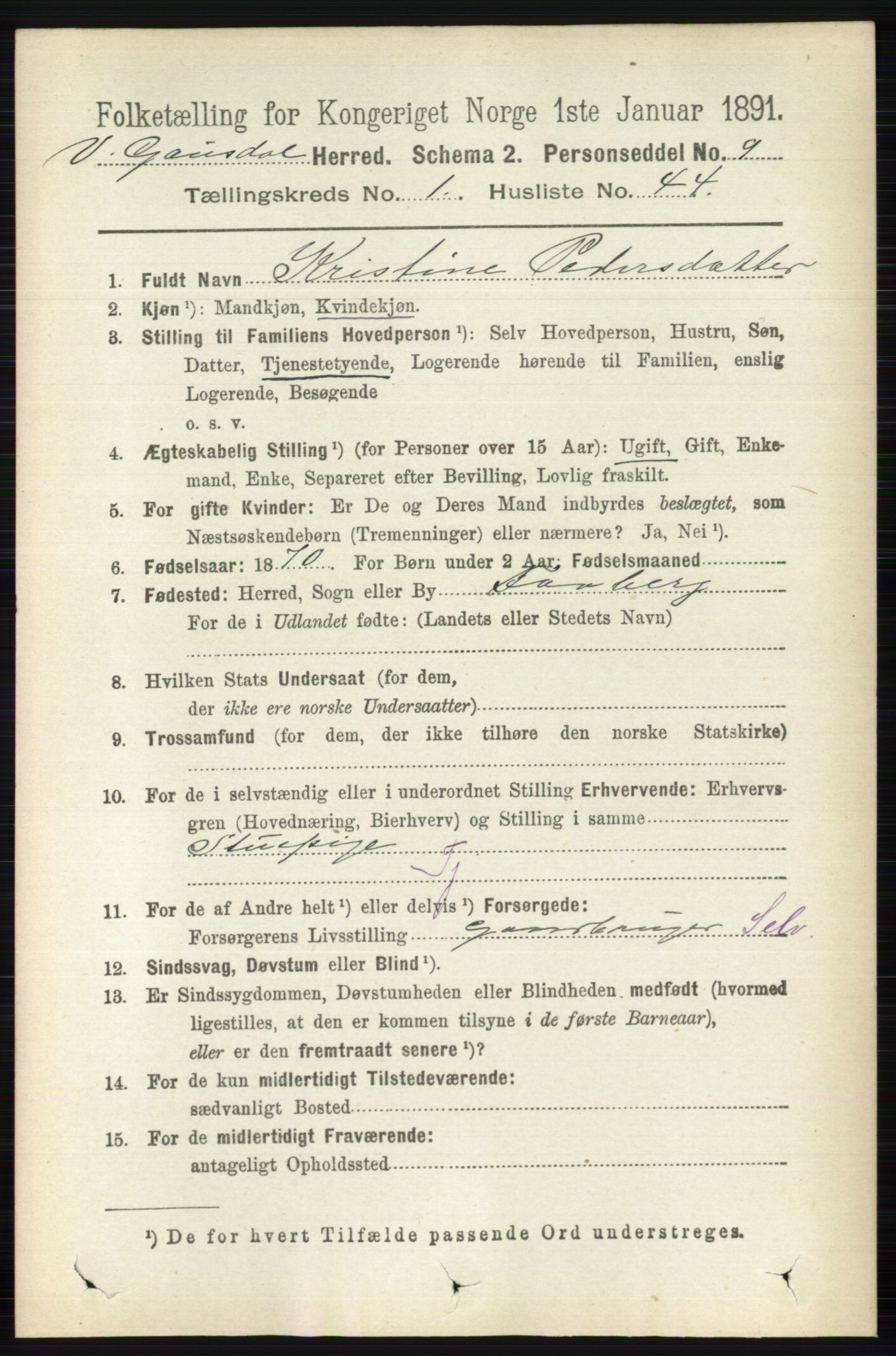 RA, 1891 census for 0523 Vestre Gausdal, 1891, p. 306