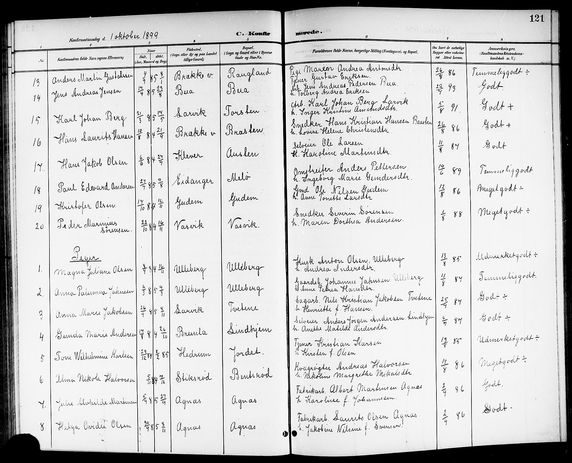 Brunlanes kirkebøker, SAKO/A-342/G/Ga/L0004: Parish register (copy) no. I 4, 1898-1921, p. 121