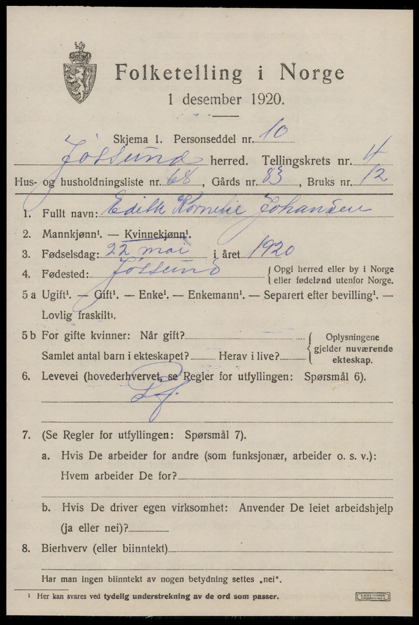 SAT, 1920 census for Jøssund, 1920, p. 3946