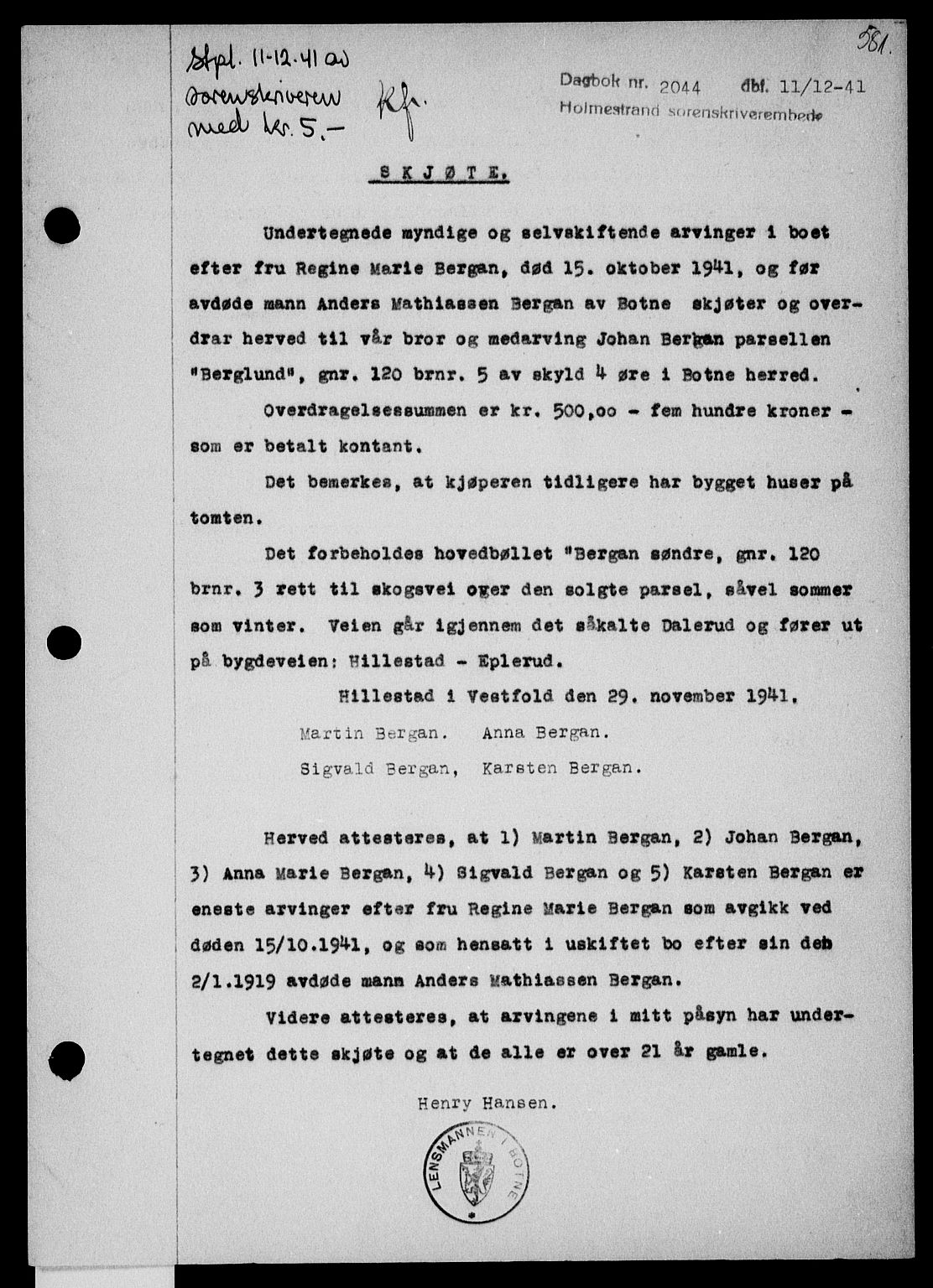 Holmestrand sorenskriveri, SAKO/A-67/G/Ga/Gaa/L0054: Mortgage book no. A-54, 1941-1942, Diary no: : 2044/1941