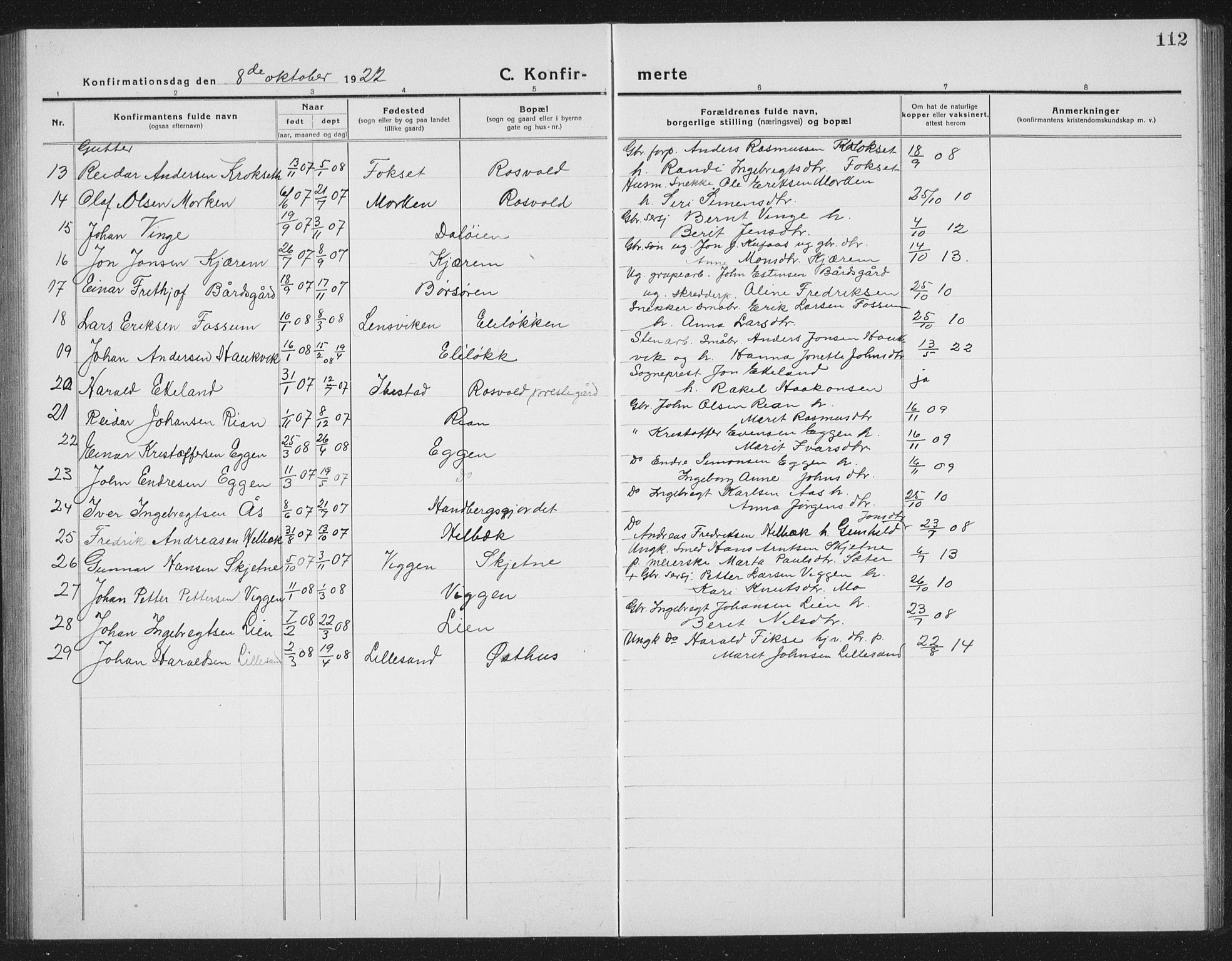 Ministerialprotokoller, klokkerbøker og fødselsregistre - Sør-Trøndelag, AV/SAT-A-1456/665/L0778: Parish register (copy) no. 665C03, 1916-1938, p. 112