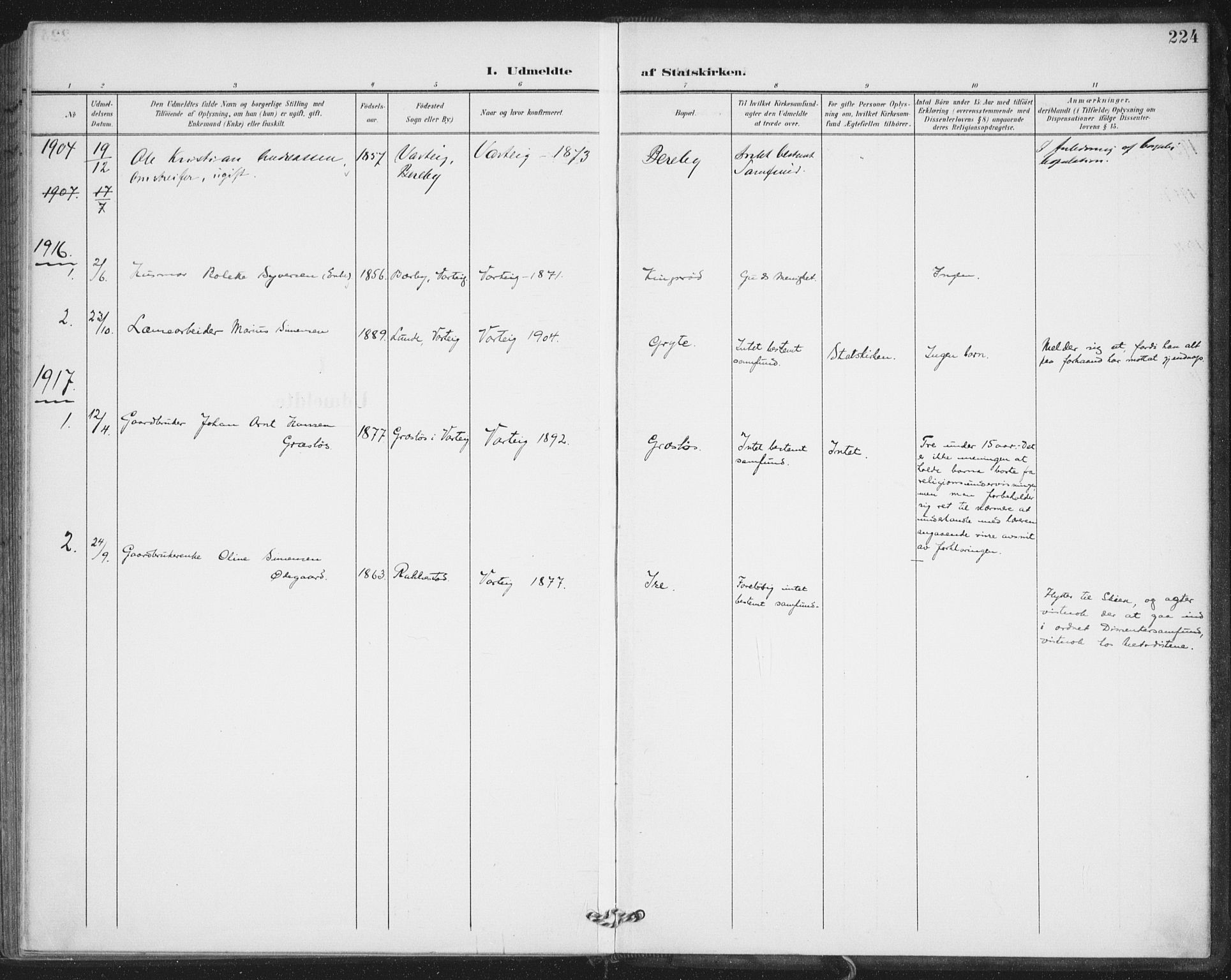 Varteig prestekontor Kirkebøker, SAO/A-10447a/F/Fa/L0003: Parish register (official) no. 3, 1899-1919, p. 224
