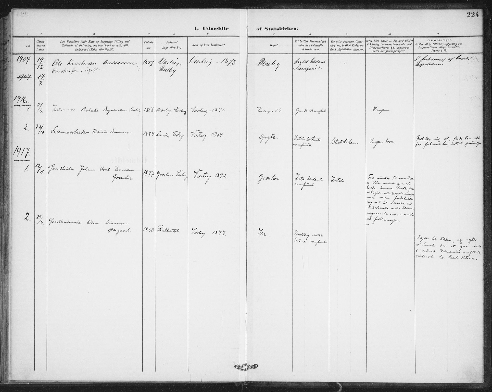 Varteig prestekontor Kirkebøker, AV/SAO-A-10447a/F/Fa/L0003: Parish register (official) no. 3, 1899-1919, p. 224