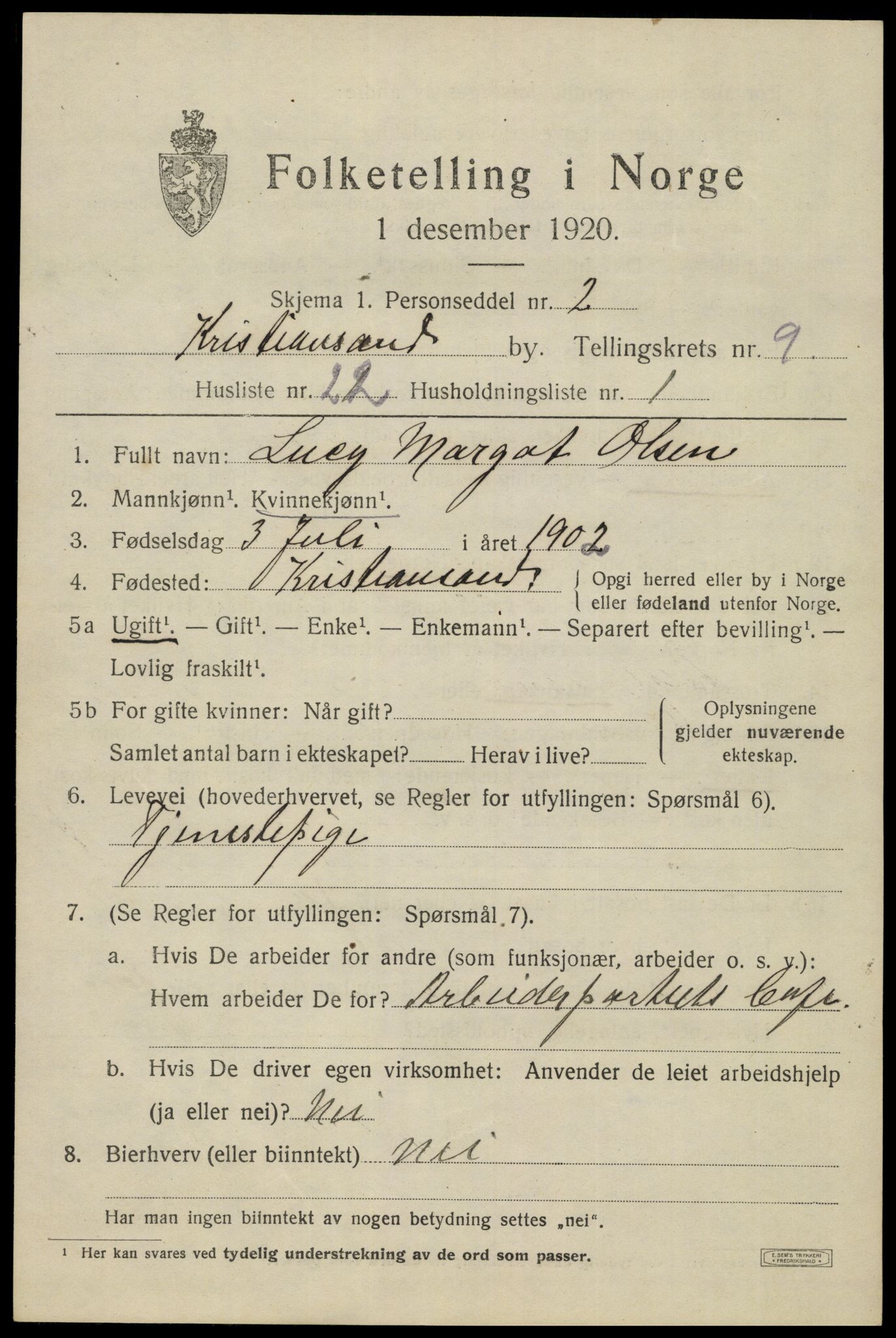 SAK, 1920 census for Kristiansand, 1920, p. 22903