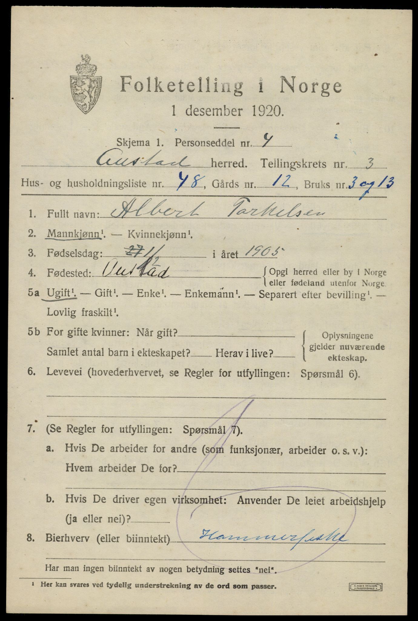 SAK, 1920 census for Austad, 1920, p. 1375