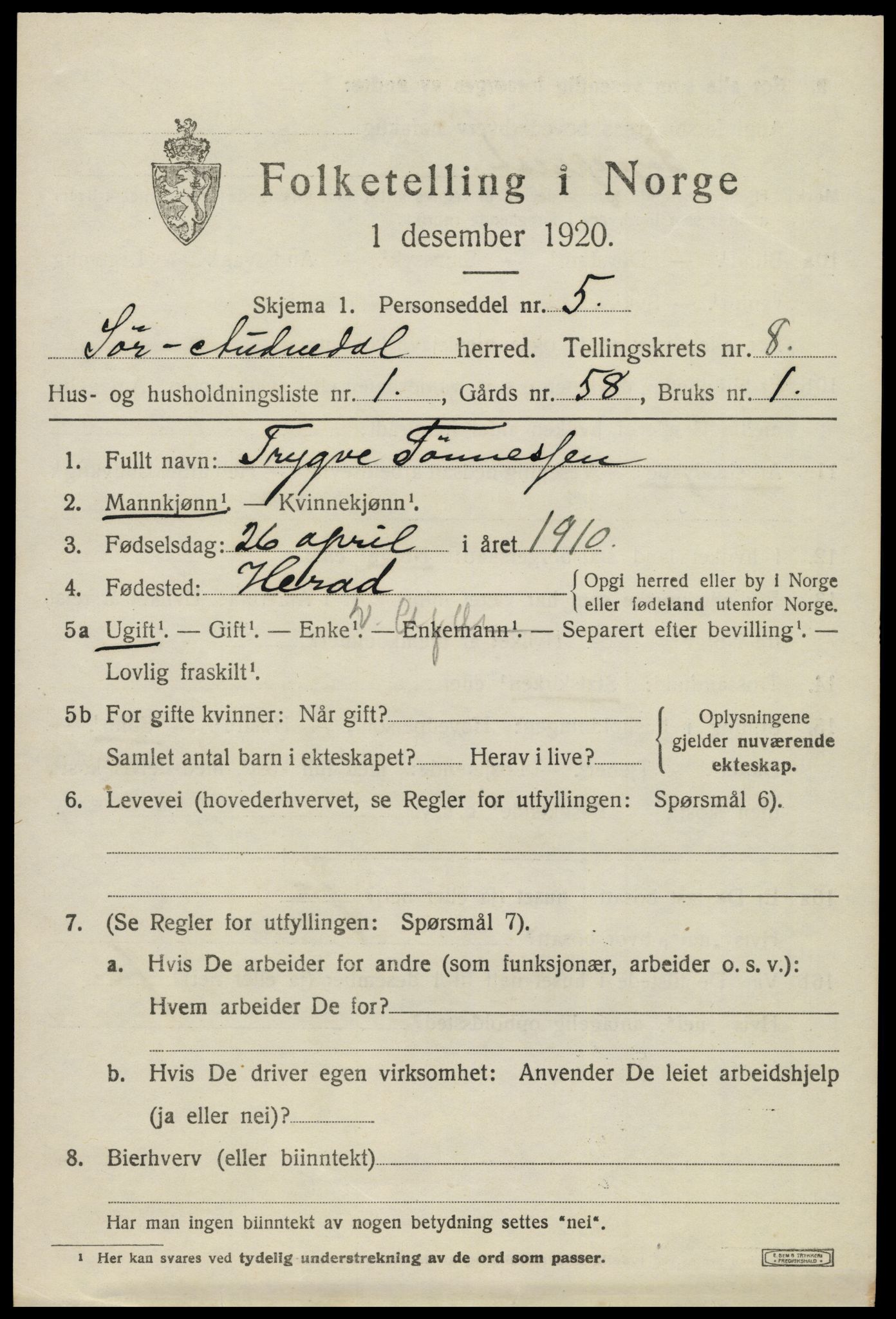 SAK, 1920 census for Sør-Audnedal, 1920, p. 3187