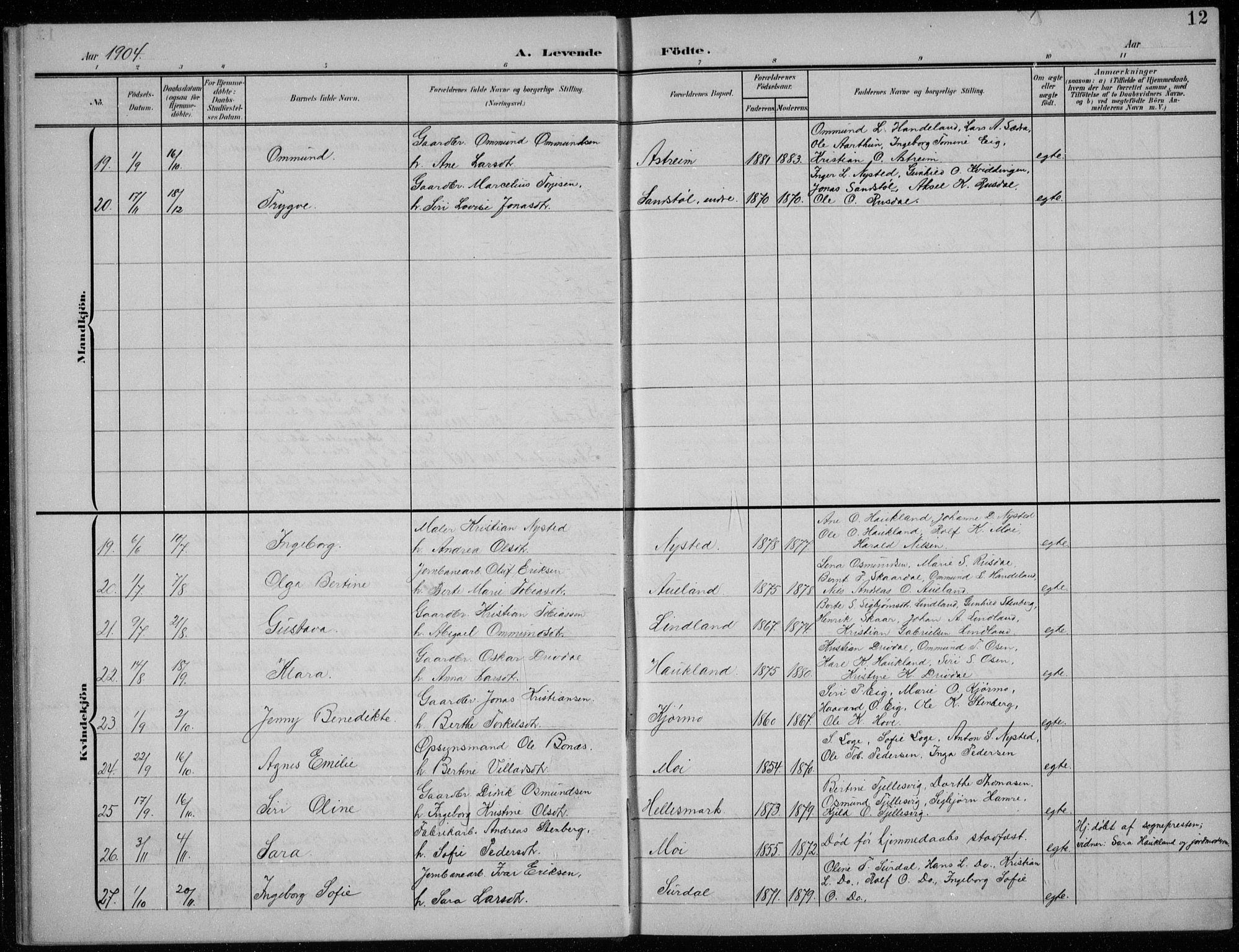 Lund sokneprestkontor, AV/SAST-A-101809/S07/L0008: Parish register (copy) no. B 8, 1902-1936, p. 12