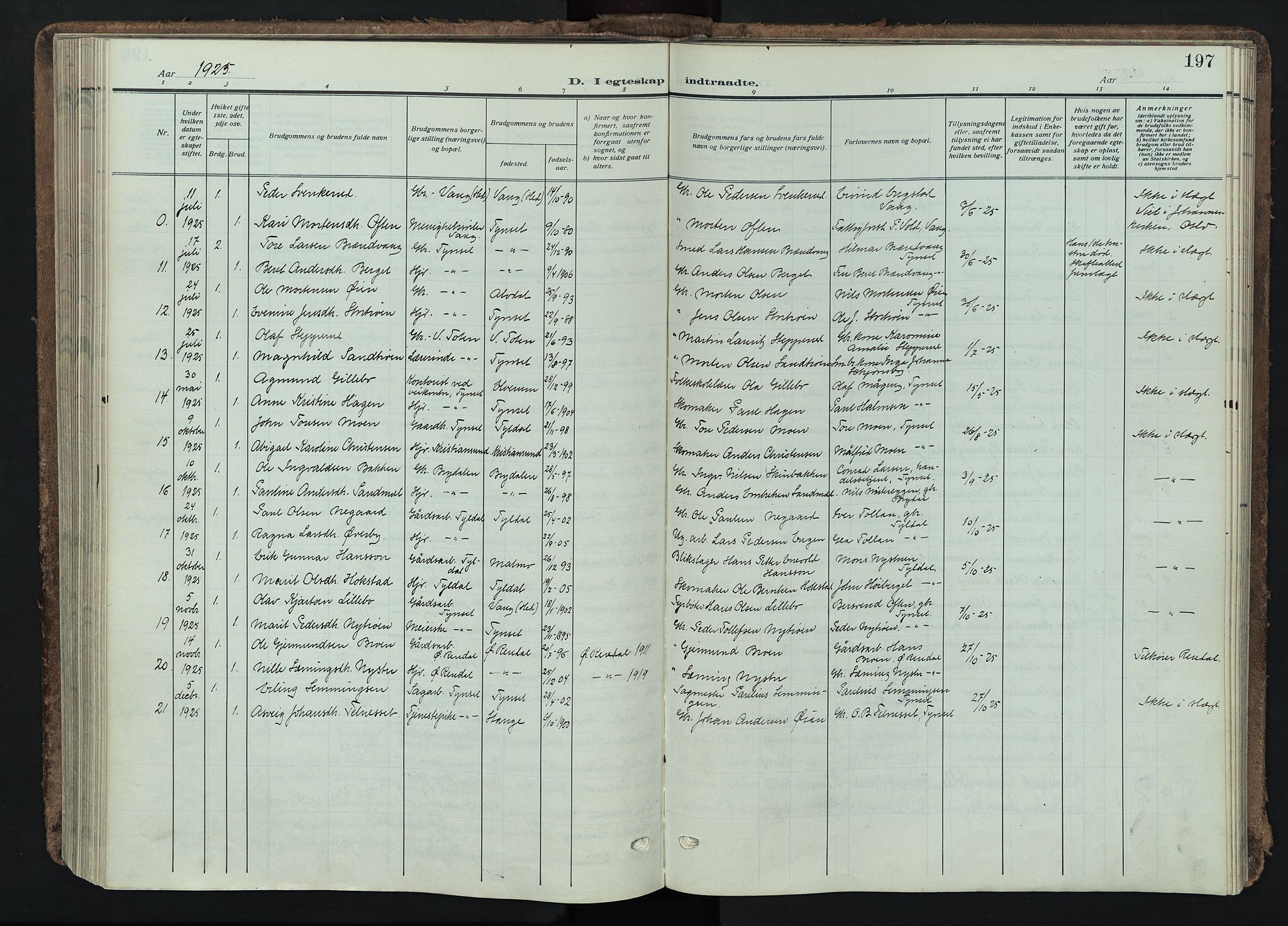 Tynset prestekontor, SAH/PREST-058/H/Ha/Haa/L0026: Parish register (official) no. 26, 1915-1929, p. 197