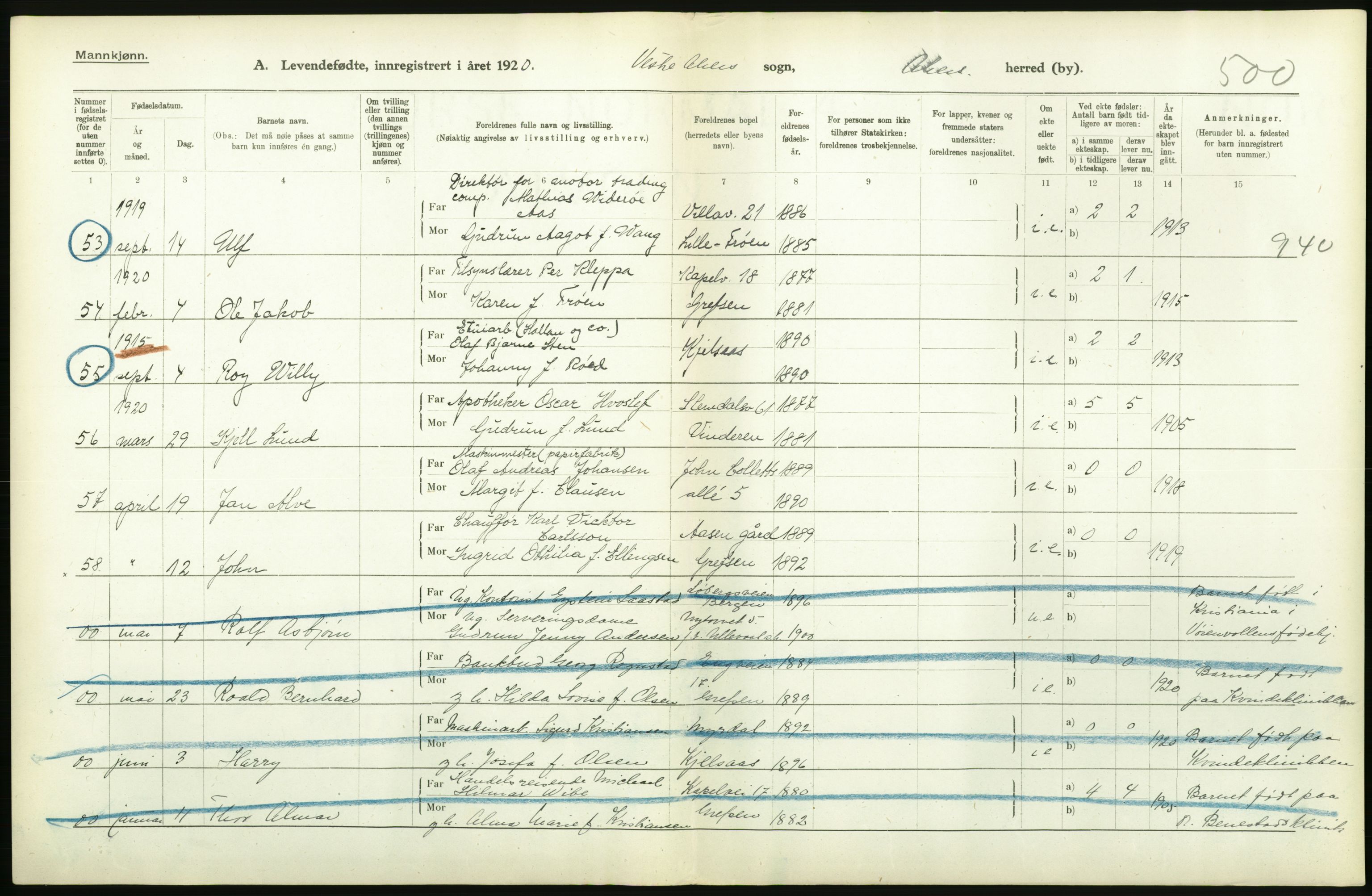 Statistisk sentralbyrå, Sosiodemografiske emner, Befolkning, RA/S-2228/D/Df/Dfb/Dfbj/L0004: Akershus fylke: Levendefødte menn og kvinner. Bygder., 1920, p. 190