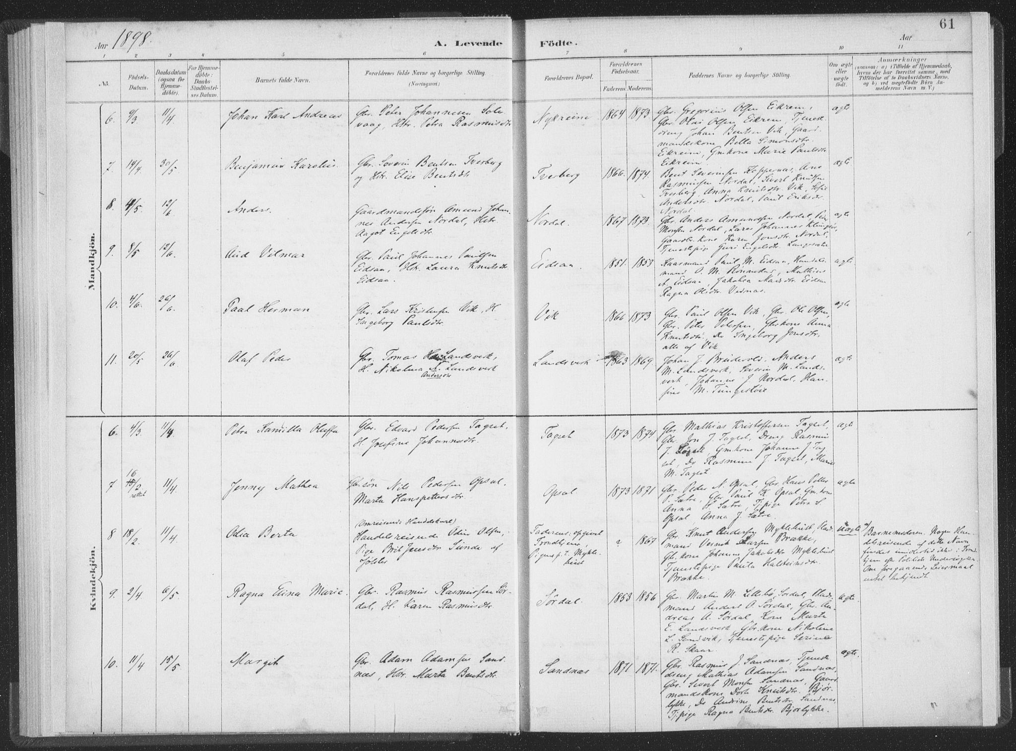 Ministerialprotokoller, klokkerbøker og fødselsregistre - Møre og Romsdal, SAT/A-1454/502/L0025: Parish register (official) no. 502A03, 1885-1909, p. 61