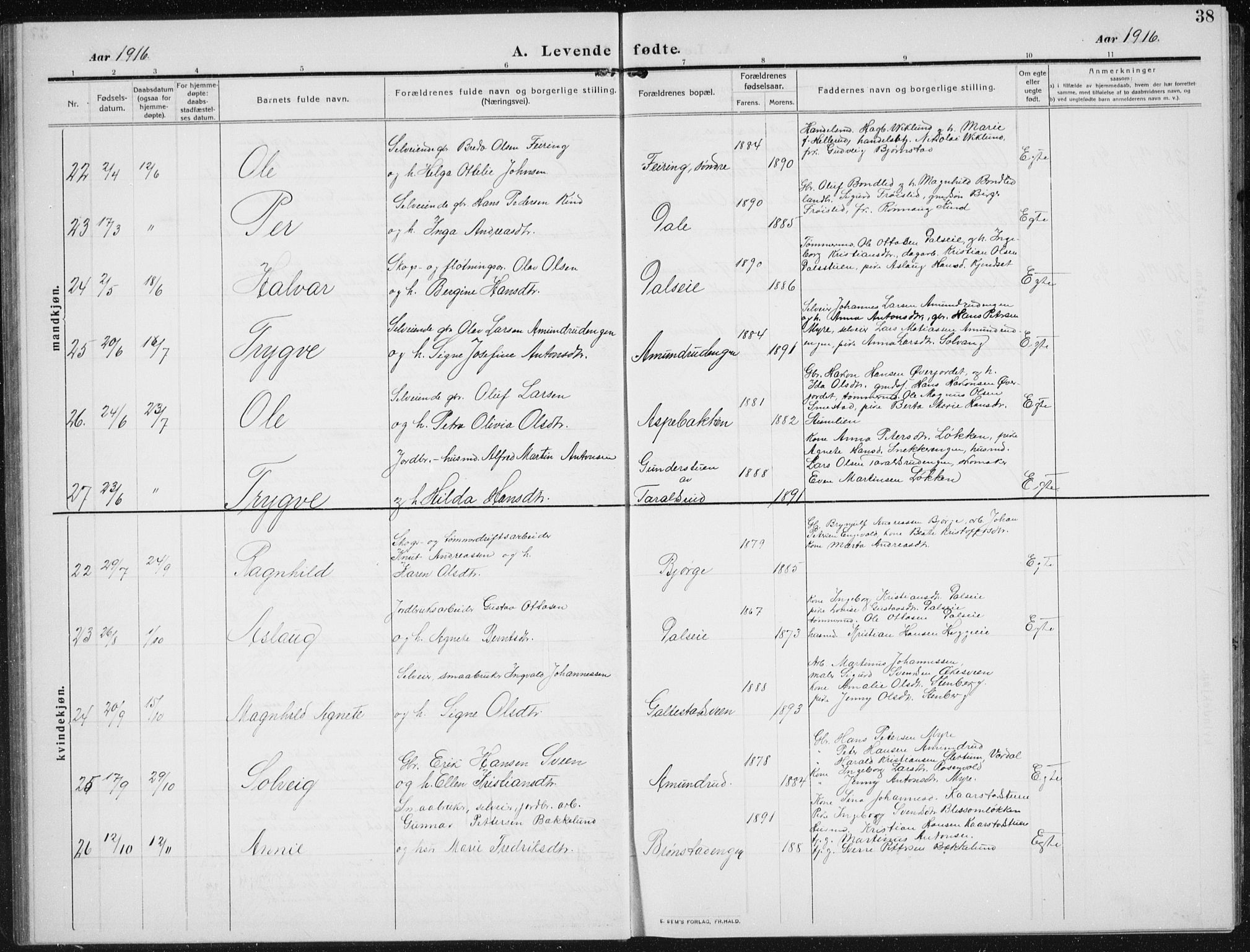 Biri prestekontor, AV/SAH-PREST-096/H/Ha/Hab/L0006: Parish register (copy) no. 6, 1909-1938, p. 38