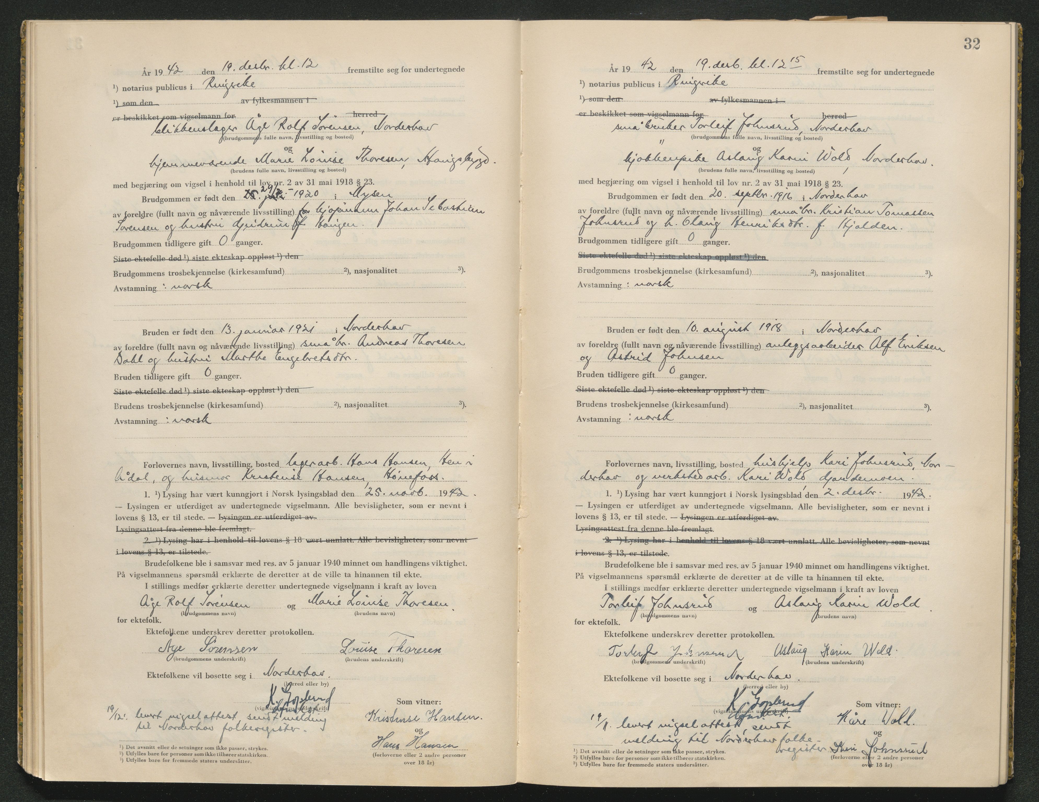 Ringerike sorenskriveri, AV/SAKO-A-105/L/Lc/L0002: Vigselsbok, 1942-1943, p. 32