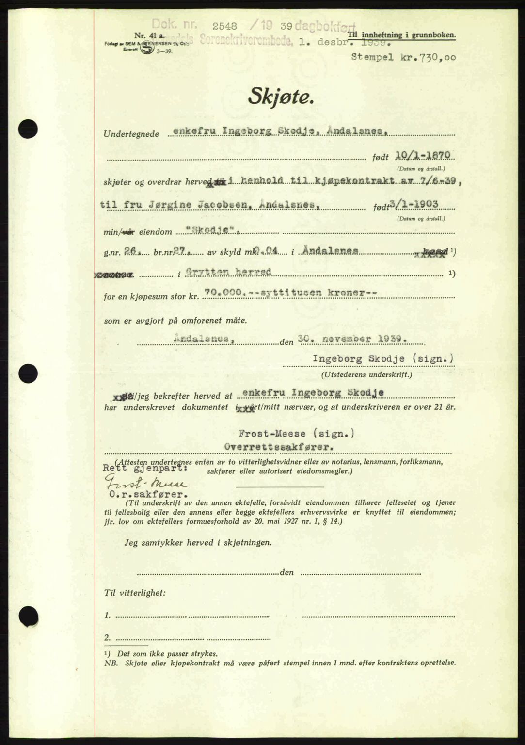 Romsdal sorenskriveri, AV/SAT-A-4149/1/2/2C: Mortgage book no. A7, 1939-1939, Diary no: : 2548/1939