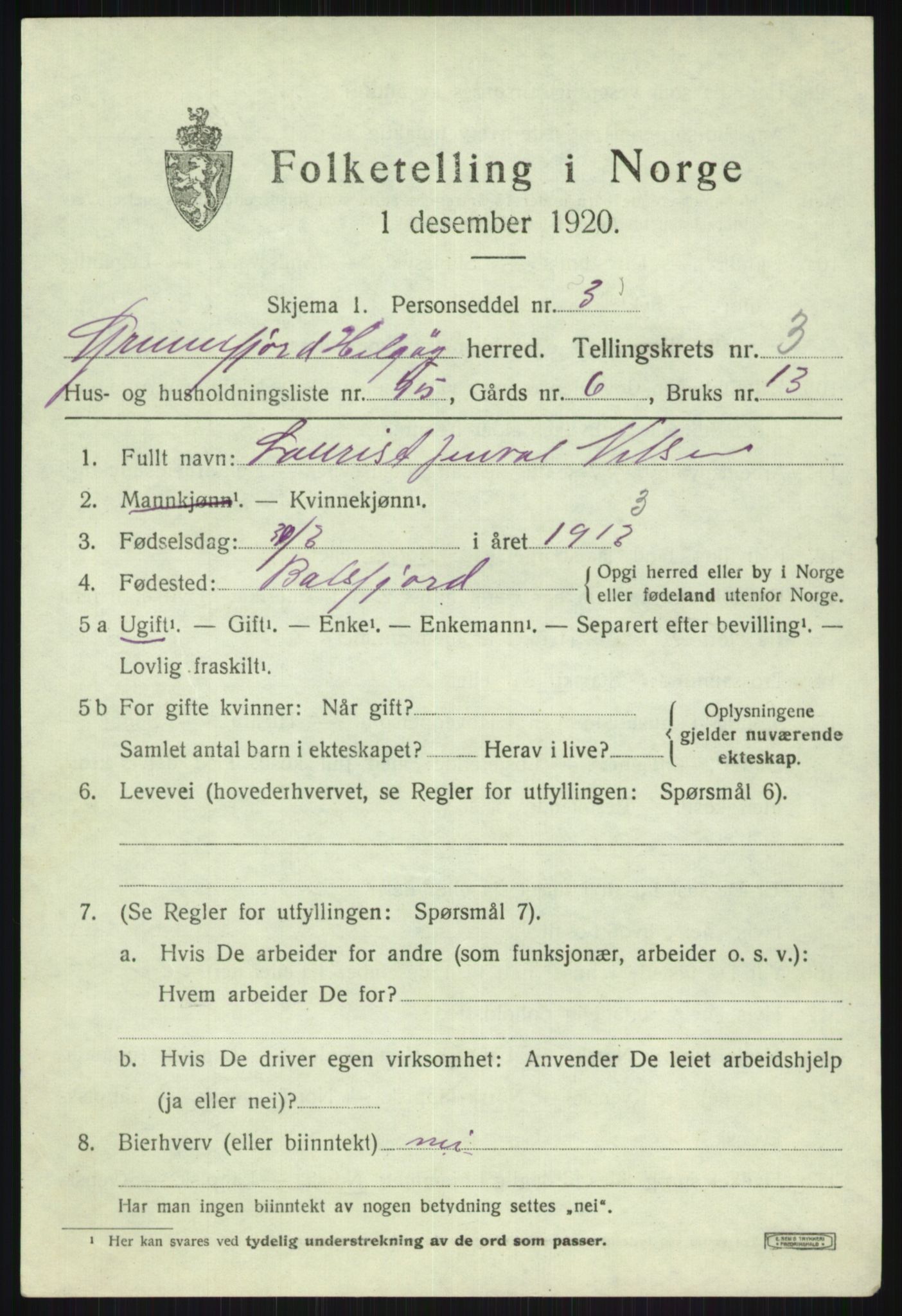 SATØ, 1920 census for Helgøy, 1920, p. 1439