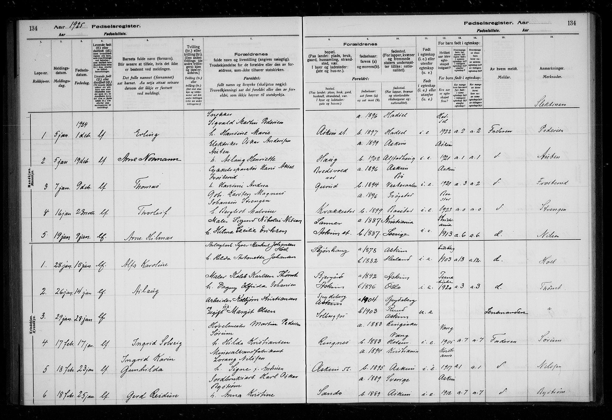 Askim prestekontor Kirkebøker, AV/SAO-A-10900/J/Ja/L0001: Birth register no. 1, 1916-1929, p. 134