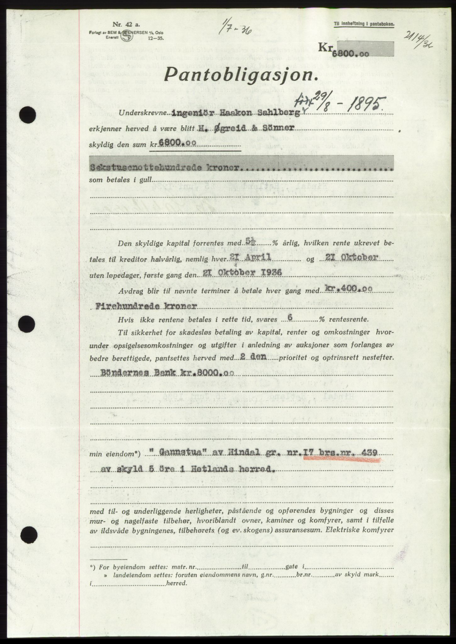 Jæren sorenskriveri, AV/SAST-A-100310/03/G/Gba/L0066: Mortgage book no. 71-72, 1936-1936, Diary no: : 2114/1936