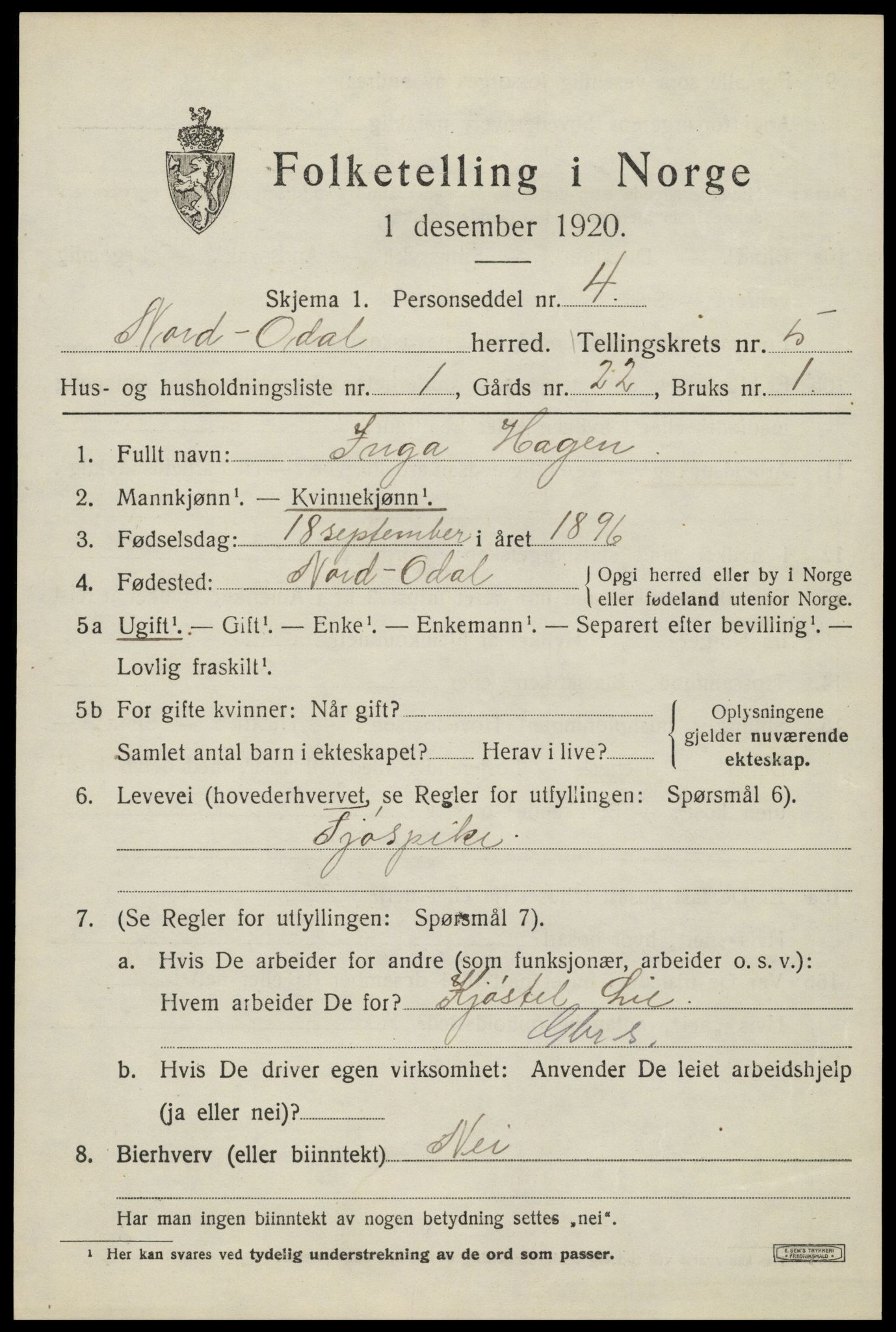 SAH, 1920 census for Nord-Odal, 1920, p. 5039