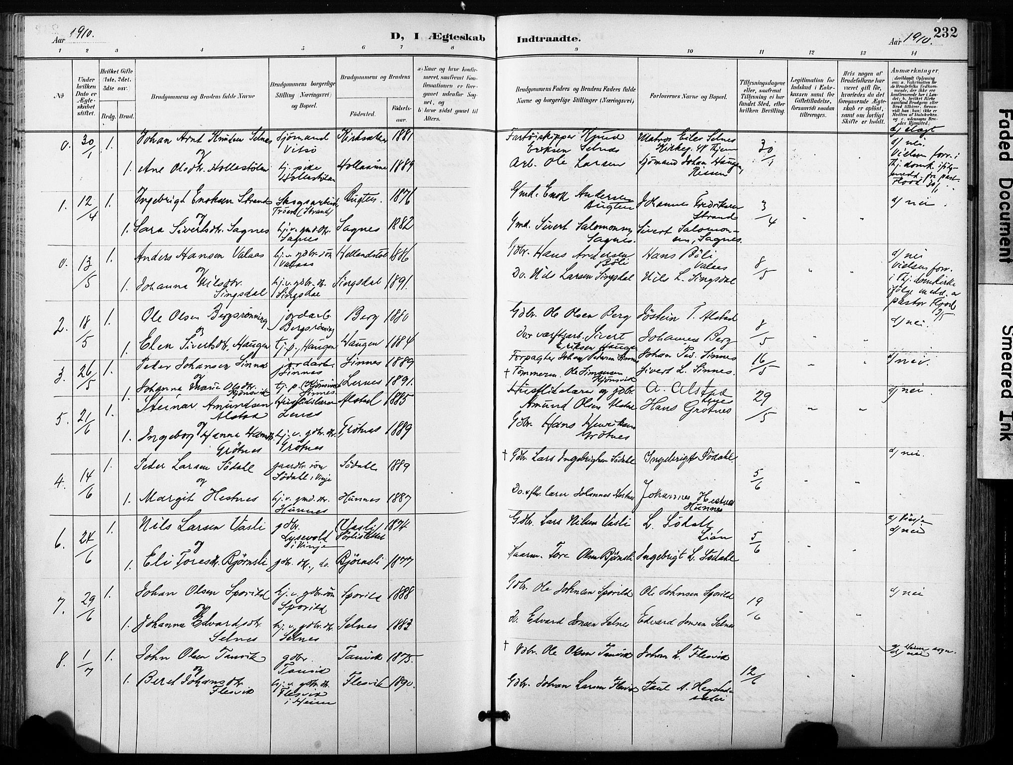 Ministerialprotokoller, klokkerbøker og fødselsregistre - Sør-Trøndelag, SAT/A-1456/630/L0497: Parish register (official) no. 630A10, 1896-1910, p. 232