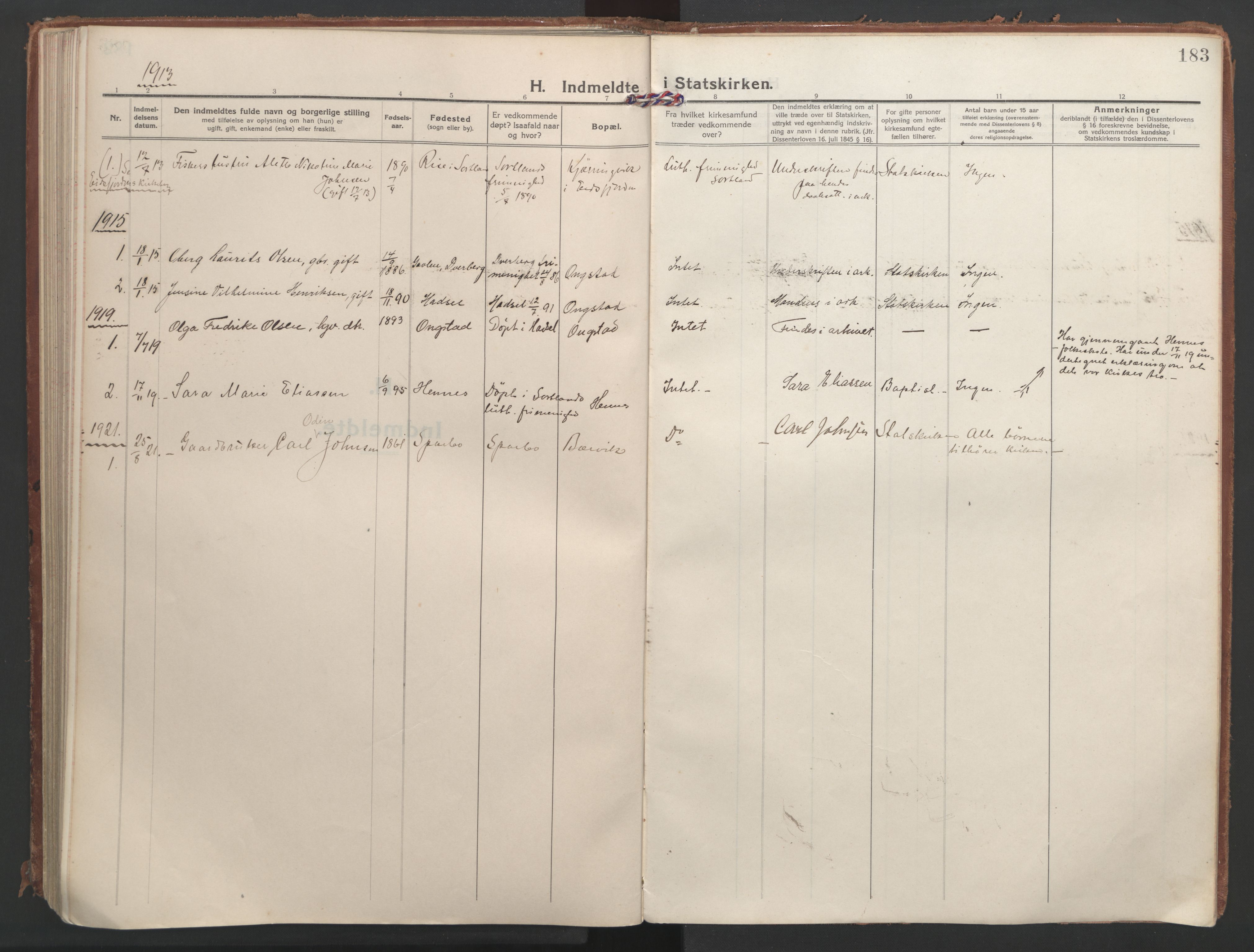 Ministerialprotokoller, klokkerbøker og fødselsregistre - Nordland, AV/SAT-A-1459/888/L1250: Parish register (official) no. 888A16, 1913-1925, p. 183