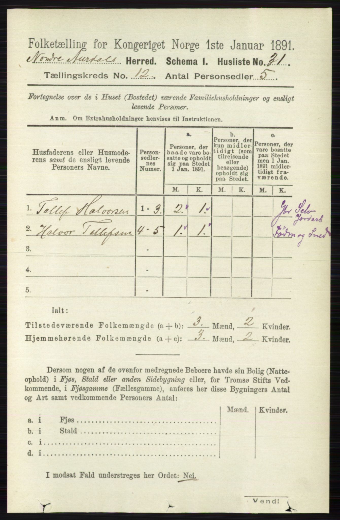 RA, 1891 census for 0542 Nord-Aurdal, 1891, p. 4494