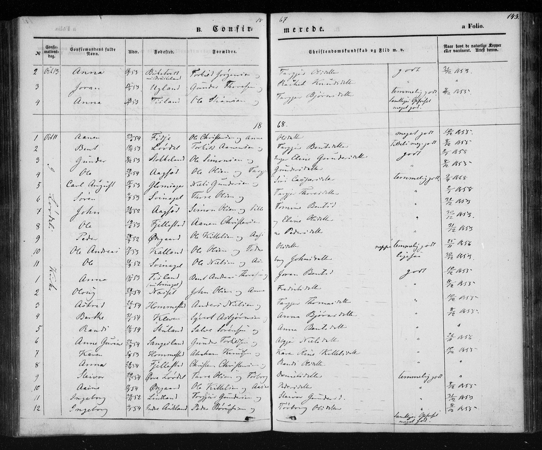 Holum sokneprestkontor, AV/SAK-1111-0022/F/Fa/Fab/L0005: Parish register (official) no. A 5, 1847-1874, p. 143