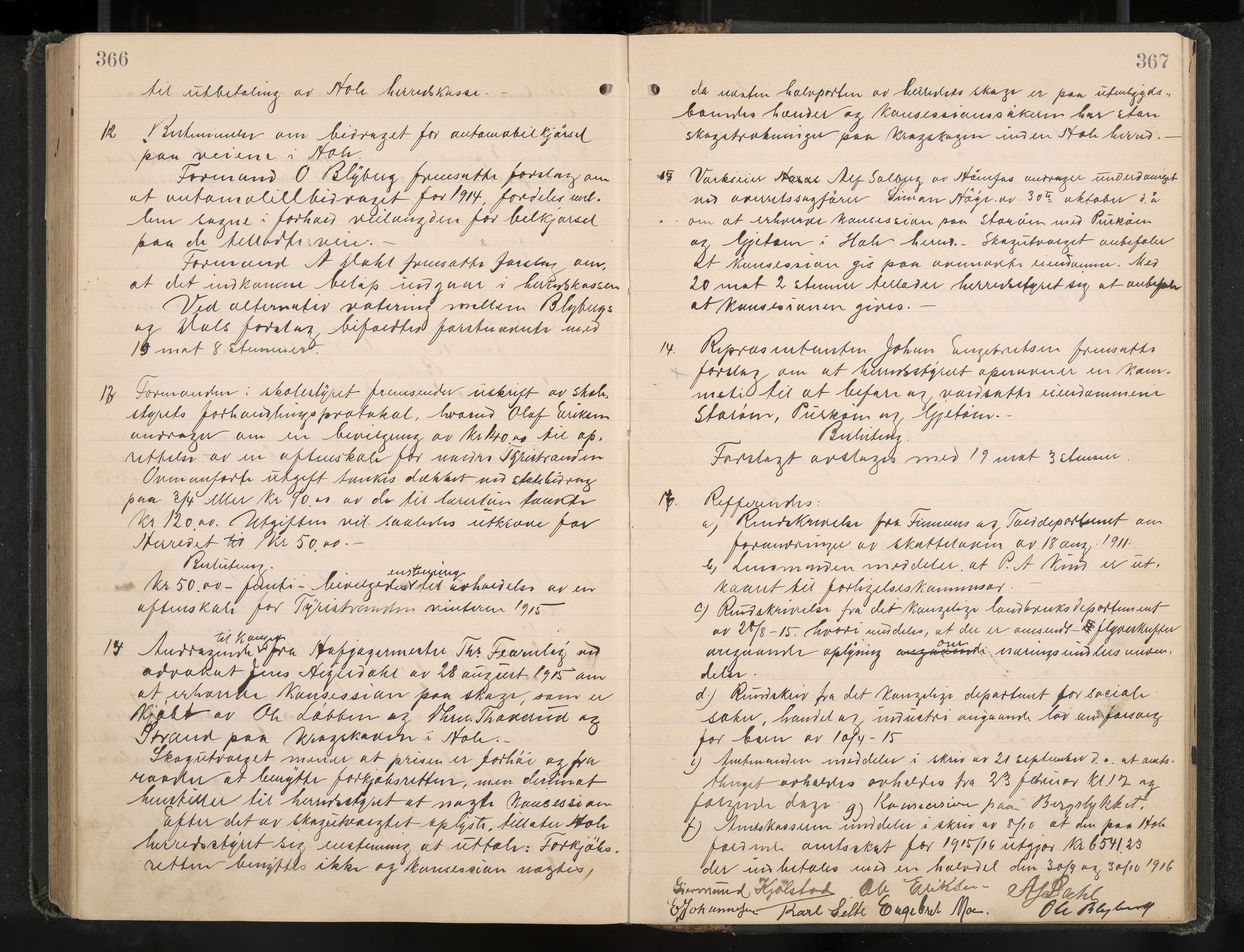 Hole formannskap og sentraladministrasjon, IKAK/0612021-1/A/Aa/L0005: Møtebok, 1911-1916, p. 366-367