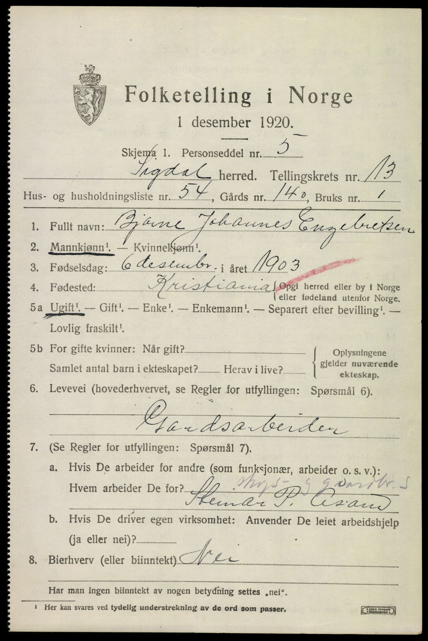 SAKO, 1920 census for Sigdal, 1920, p. 8626