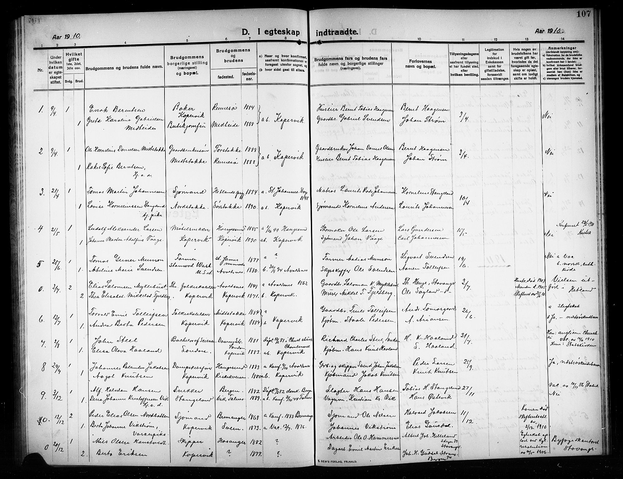 Kopervik sokneprestkontor, AV/SAST-A-101850/H/Ha/Hab/L0005: Parish register (copy) no. B 5, 1909-1918, p. 107