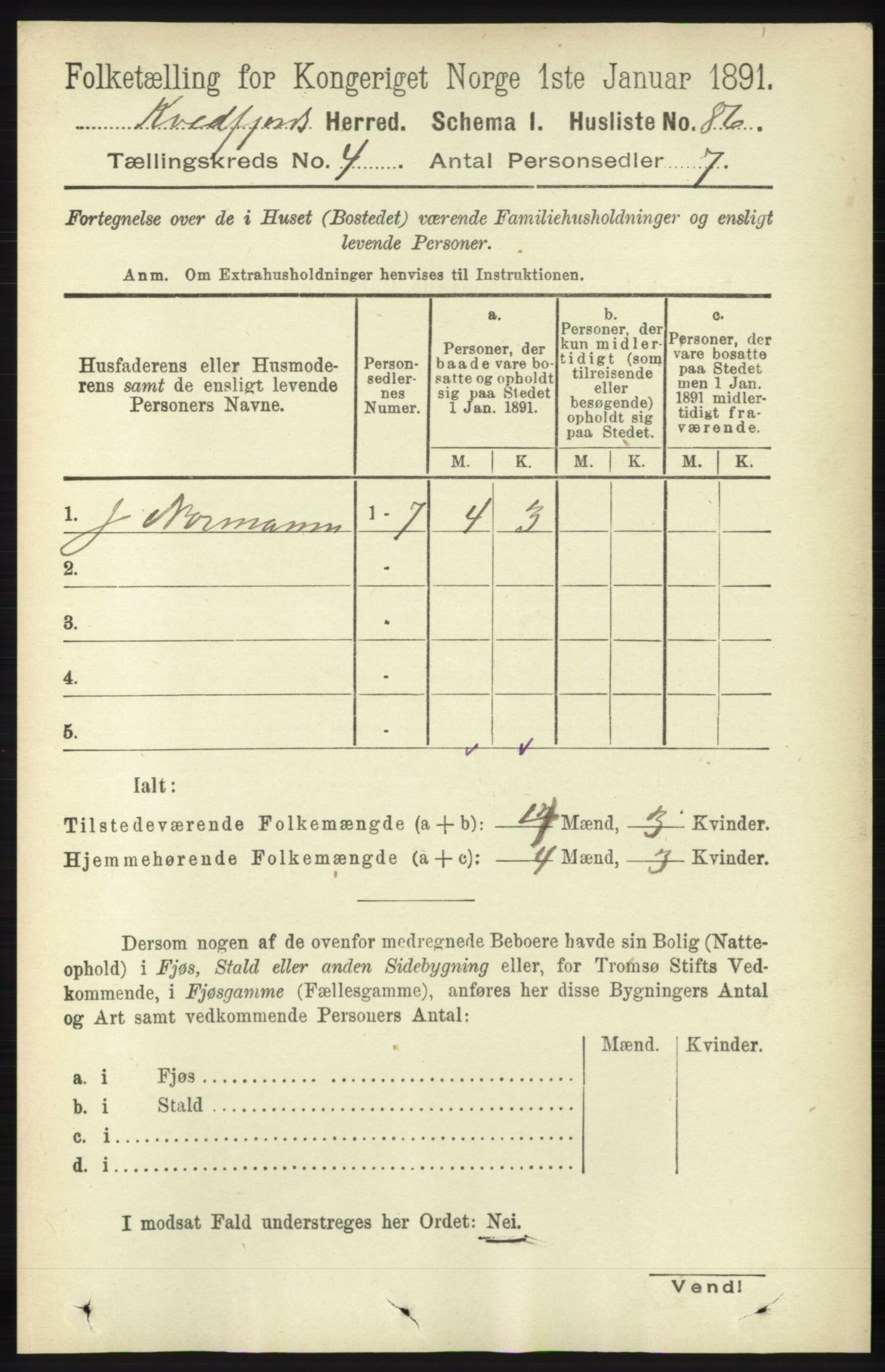 RA, 1891 census for 1911 Kvæfjord, 1891, p. 1836