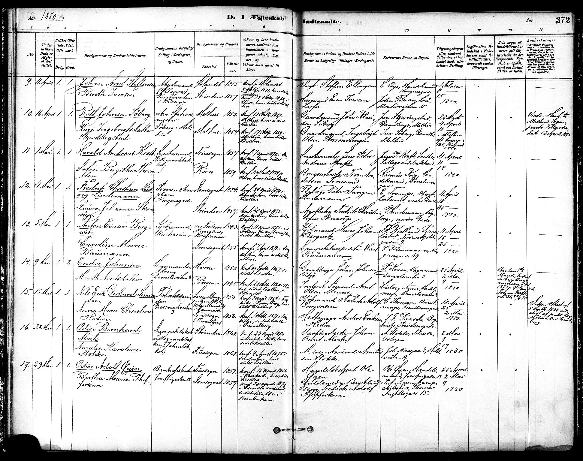 Ministerialprotokoller, klokkerbøker og fødselsregistre - Sør-Trøndelag, AV/SAT-A-1456/601/L0058: Parish register (official) no. 601A26, 1877-1891, p. 372