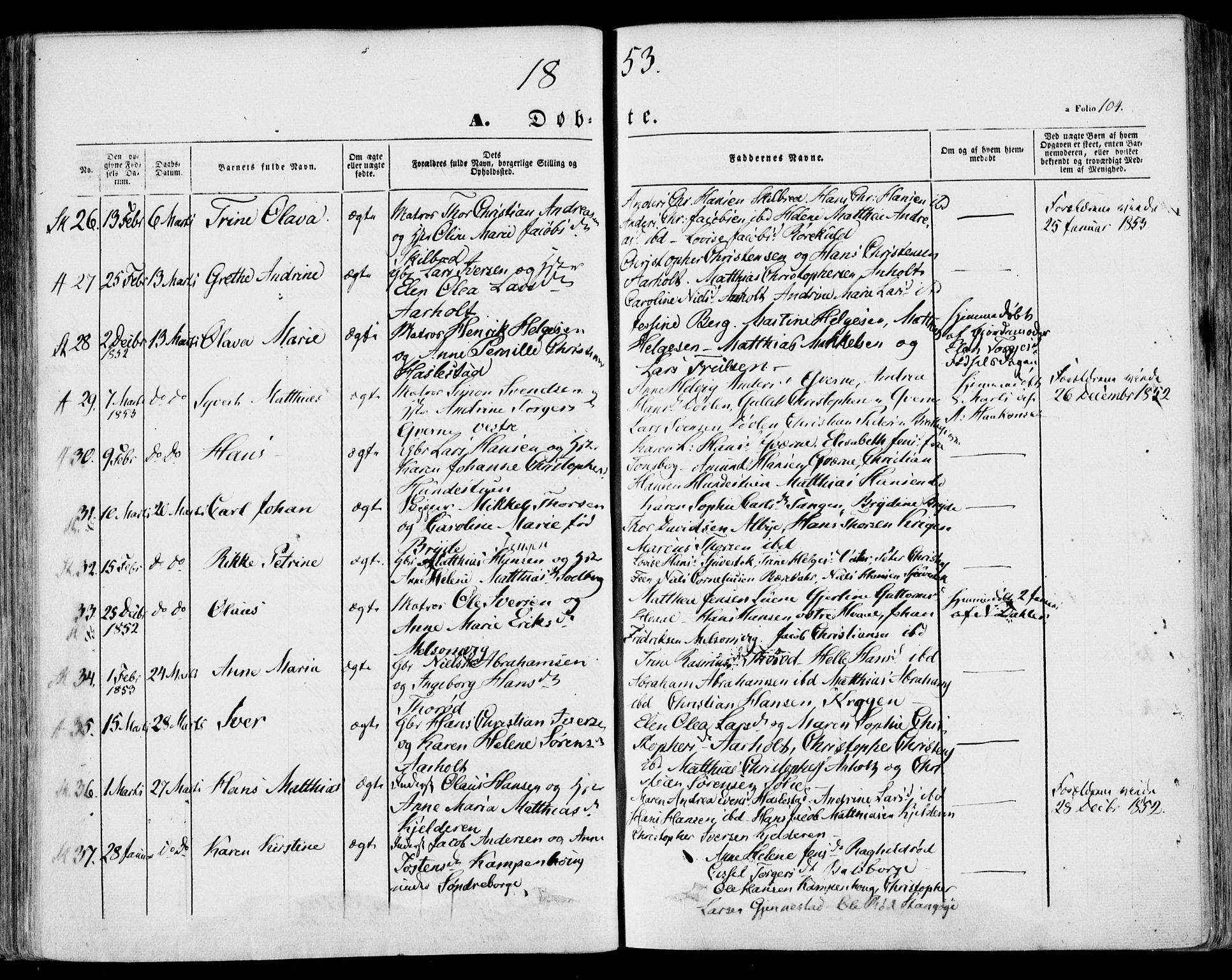 Stokke kirkebøker, AV/SAKO-A-320/F/Fa/L0007: Parish register (official) no. I 7, 1844-1857, p. 104