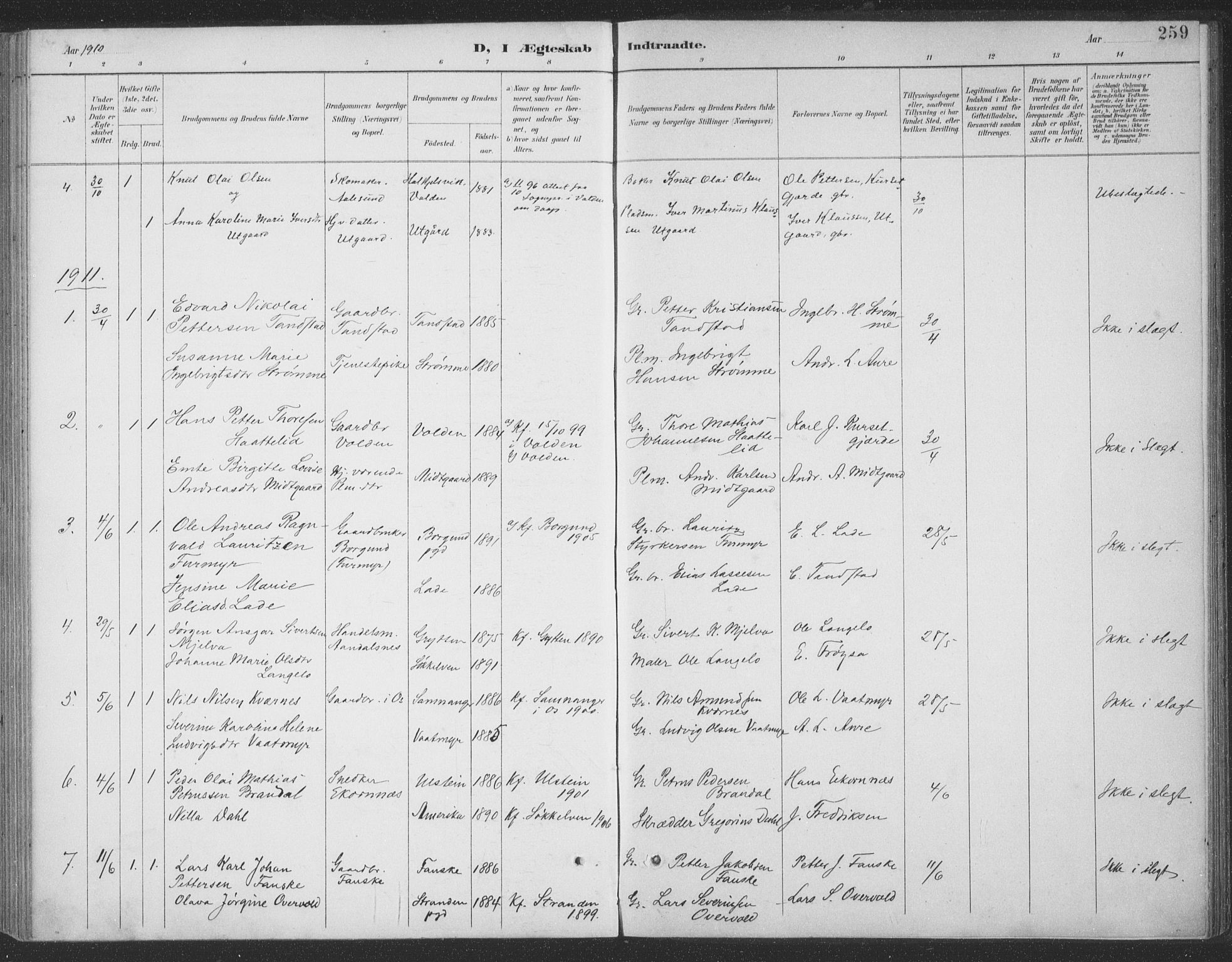 Ministerialprotokoller, klokkerbøker og fødselsregistre - Møre og Romsdal, AV/SAT-A-1454/523/L0335: Parish register (official) no. 523A02, 1891-1911, p. 259