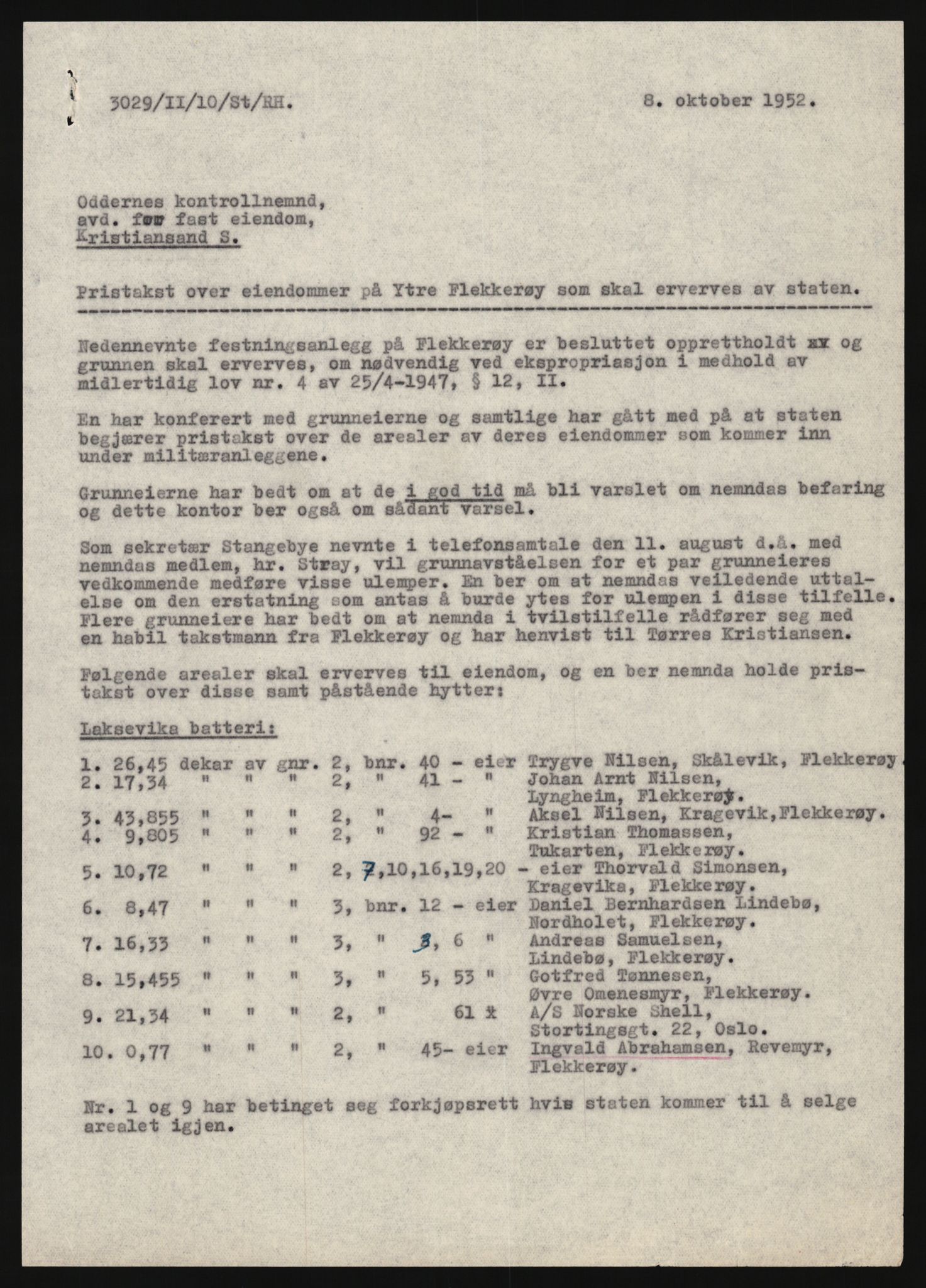 Forsvarsdepartementet, 10. kontor / Oppgjørskontoret, AV/RA-RAFA-1225/D/Da/L0062: Laksevika batteri, Kristiansand; Laksevåg ubåtbunker, Bergen, 1940-1962, p. 3