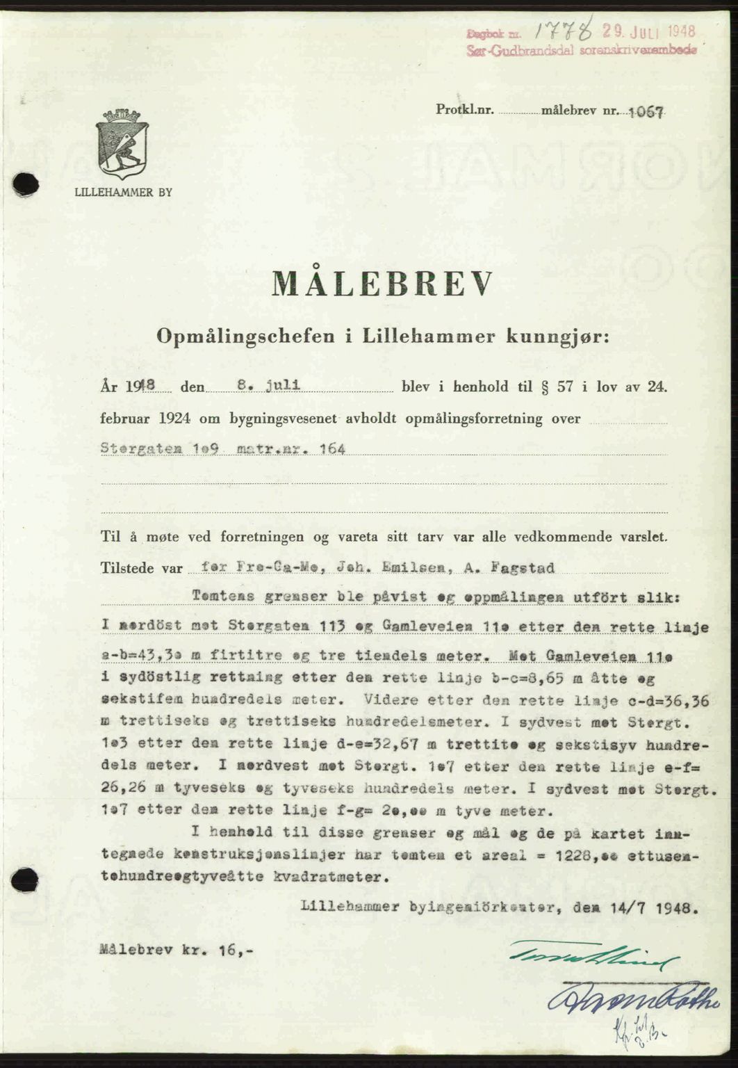Sør-Gudbrandsdal tingrett, SAH/TING-004/H/Hb/Hbd/L0022: Mortgage book no. A22, 1948-1948, Diary no: : 1778/1948