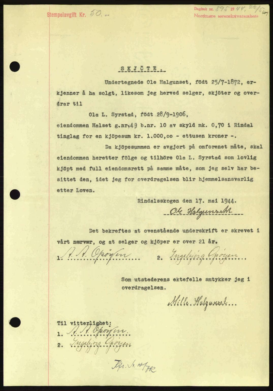 Nordmøre sorenskriveri, AV/SAT-A-4132/1/2/2Ca: Mortgage book no. A97, 1944-1944, Diary no: : 895/1944