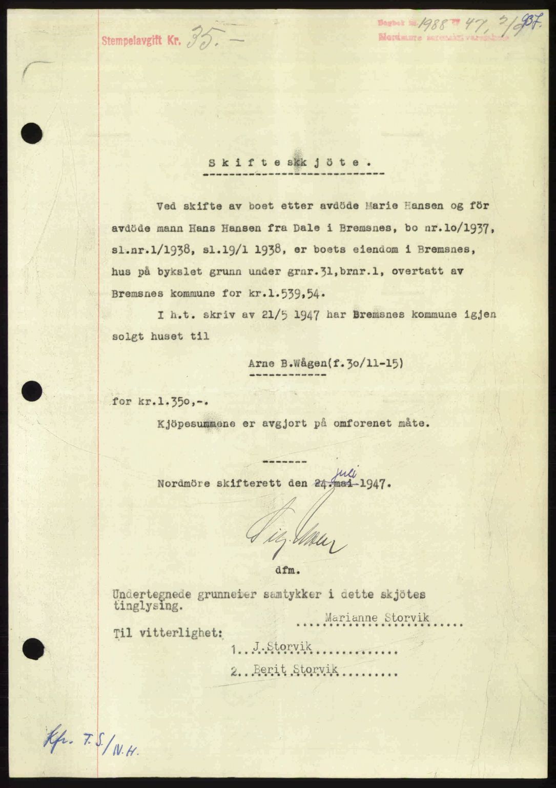 Nordmøre sorenskriveri, AV/SAT-A-4132/1/2/2Ca: Mortgage book no. A105, 1947-1947, Diary no: : 1988/1947