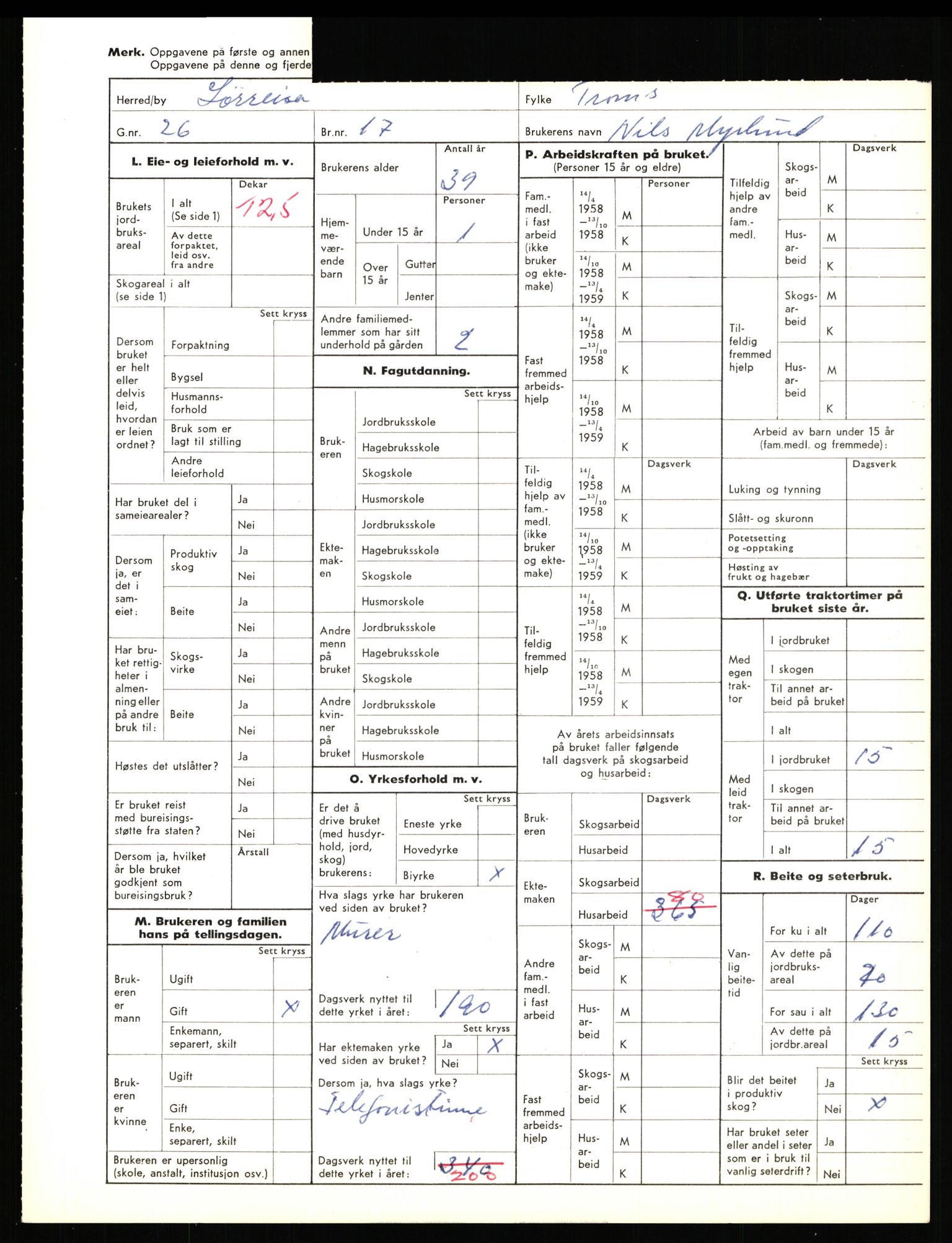 Statistisk sentralbyrå, Næringsøkonomiske emner, Jordbruk, skogbruk, jakt, fiske og fangst, AV/RA-S-2234/G/Gd/L0656: Troms: 1924 Målselv (kl. 0-3) og 1925 Sørreisa, 1959, p. 1486