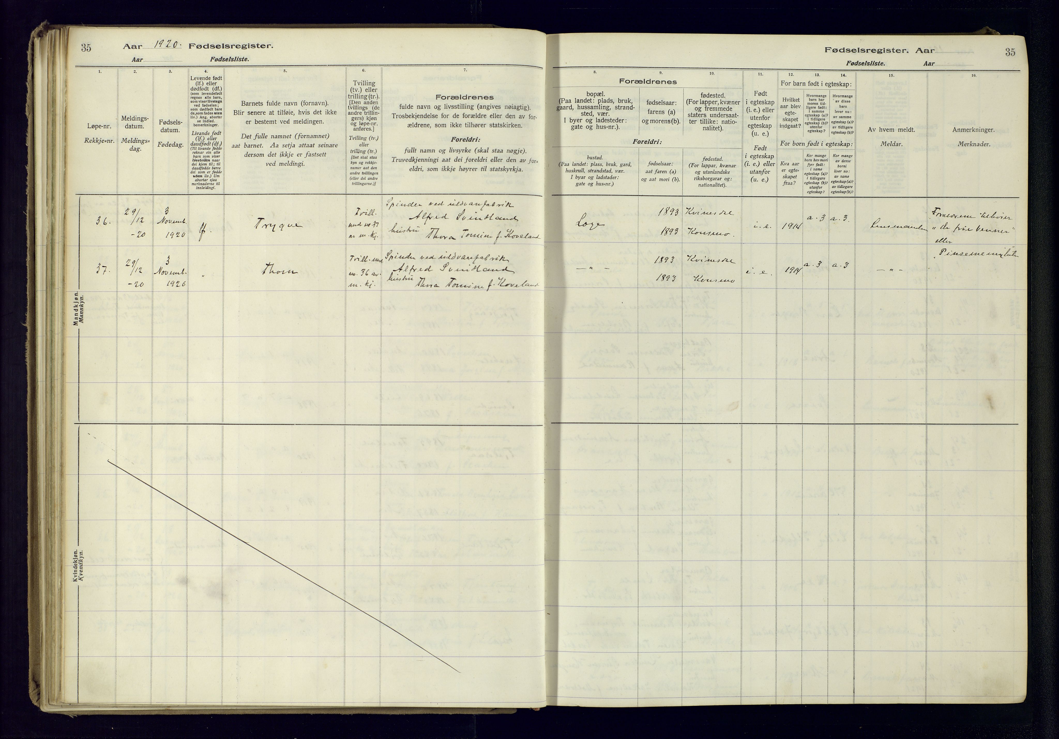 Flekkefjord sokneprestkontor, SAK/1111-0012/J/Ja/L0005: Birth register no. 5, 1916-1950, p. 35