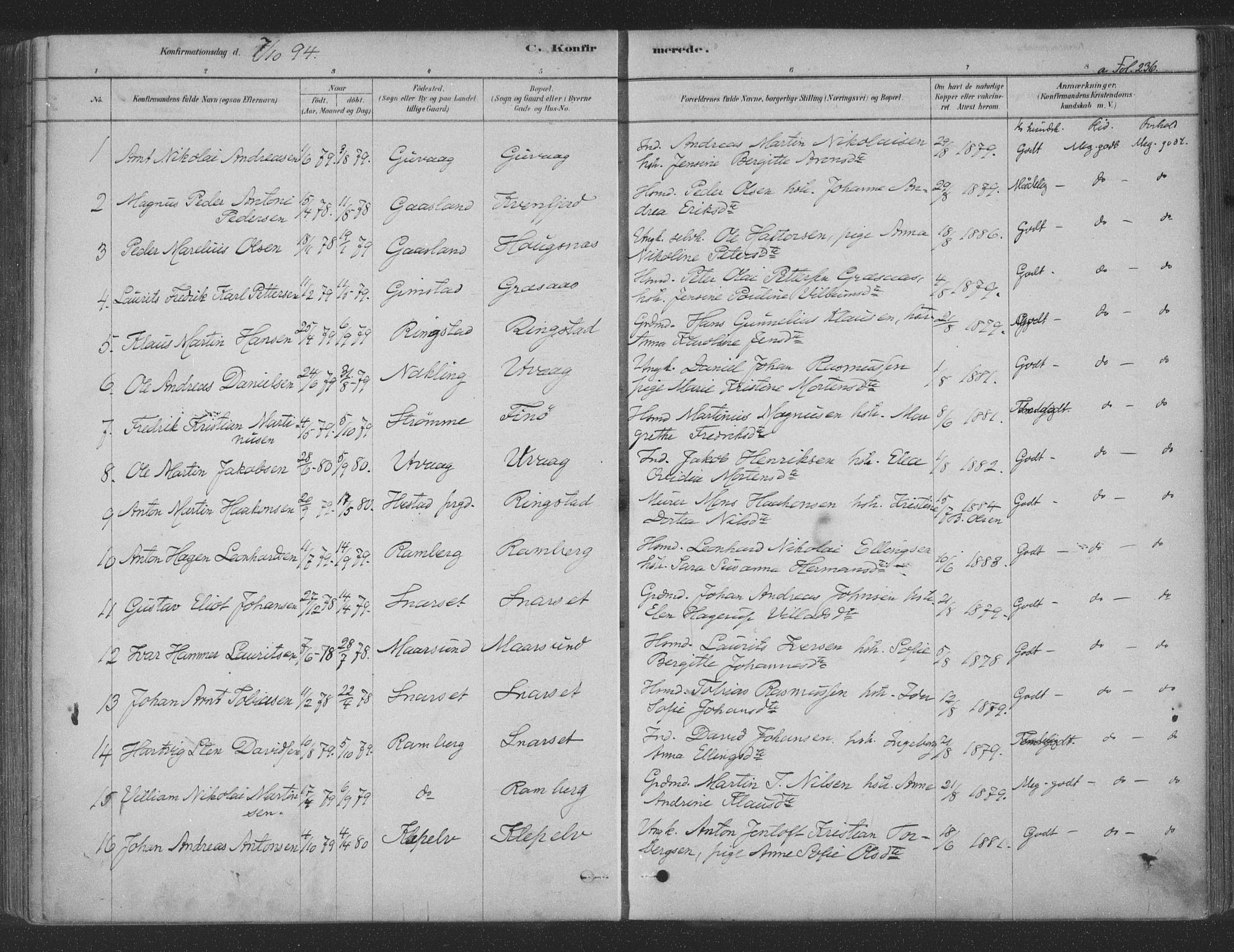 Ministerialprotokoller, klokkerbøker og fødselsregistre - Nordland, AV/SAT-A-1459/891/L1302: Parish register (official) no. 891A07, 1878-1895, p. 236